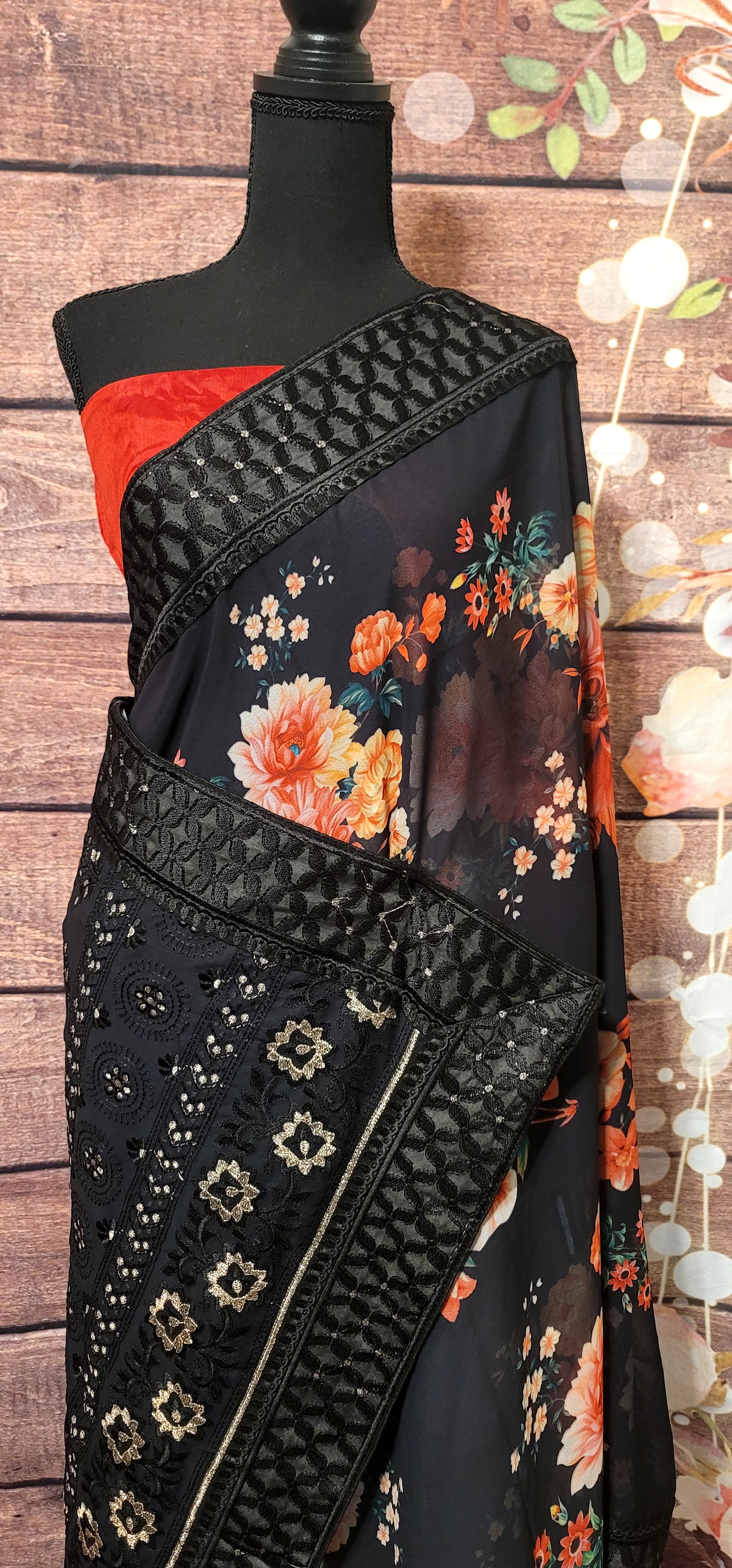 Floral print chiffon saree with black design- BP Available