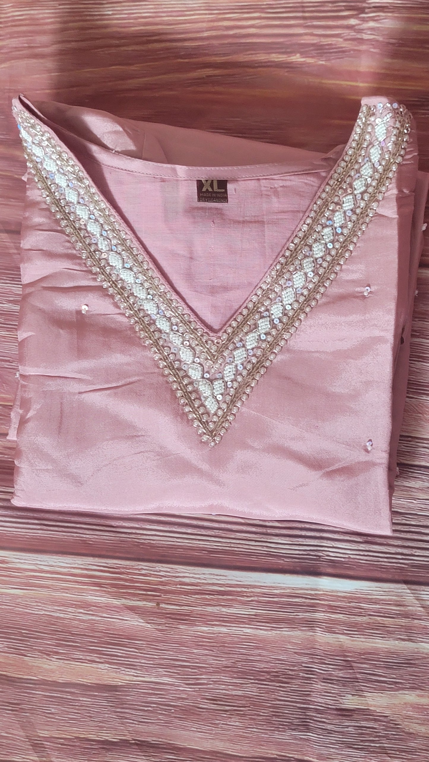 Peach(silk) V neck pattern salwar suit set- pant and dupatta