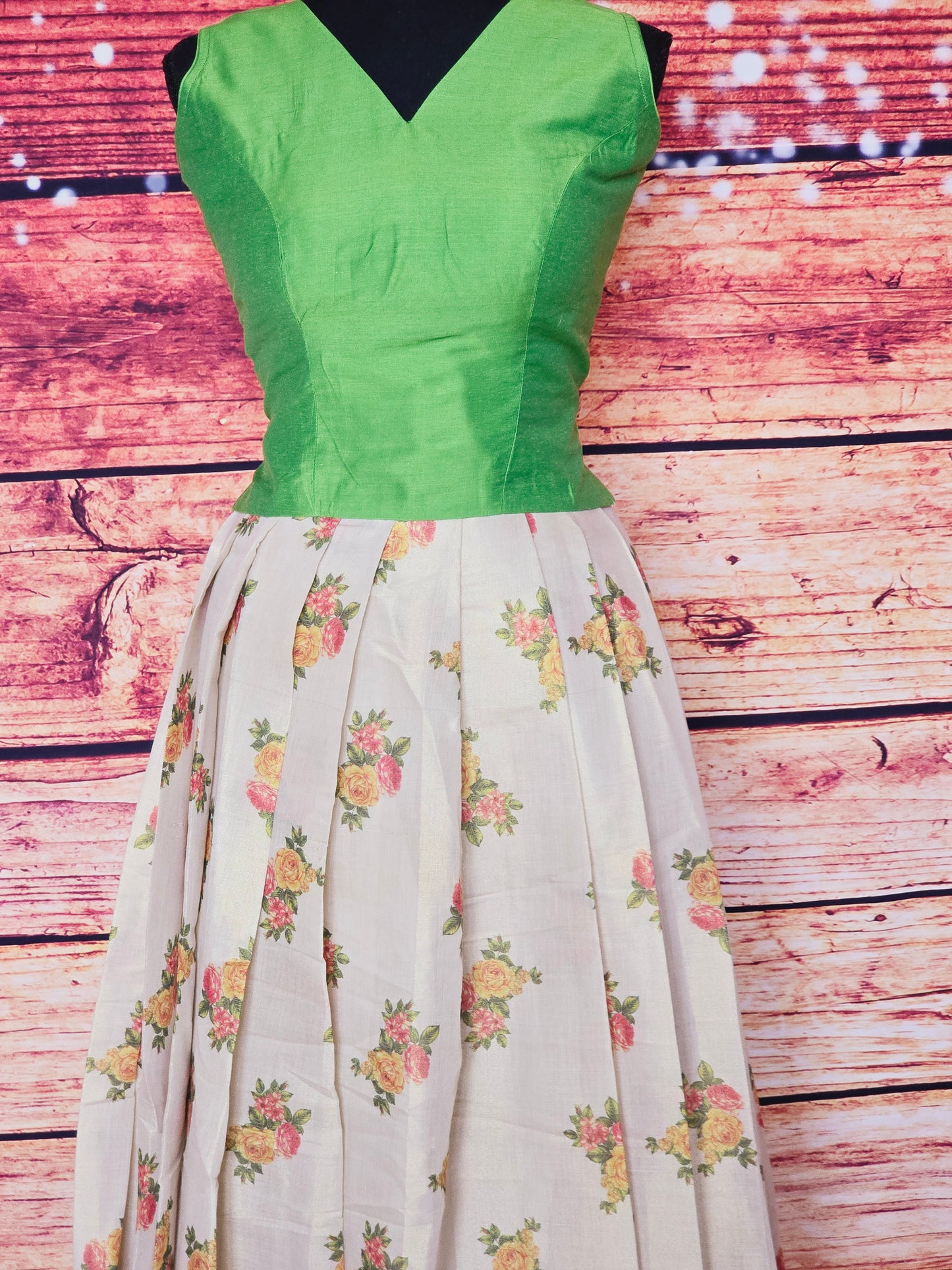 Onam floral skirt with green top sleevless(adult size)