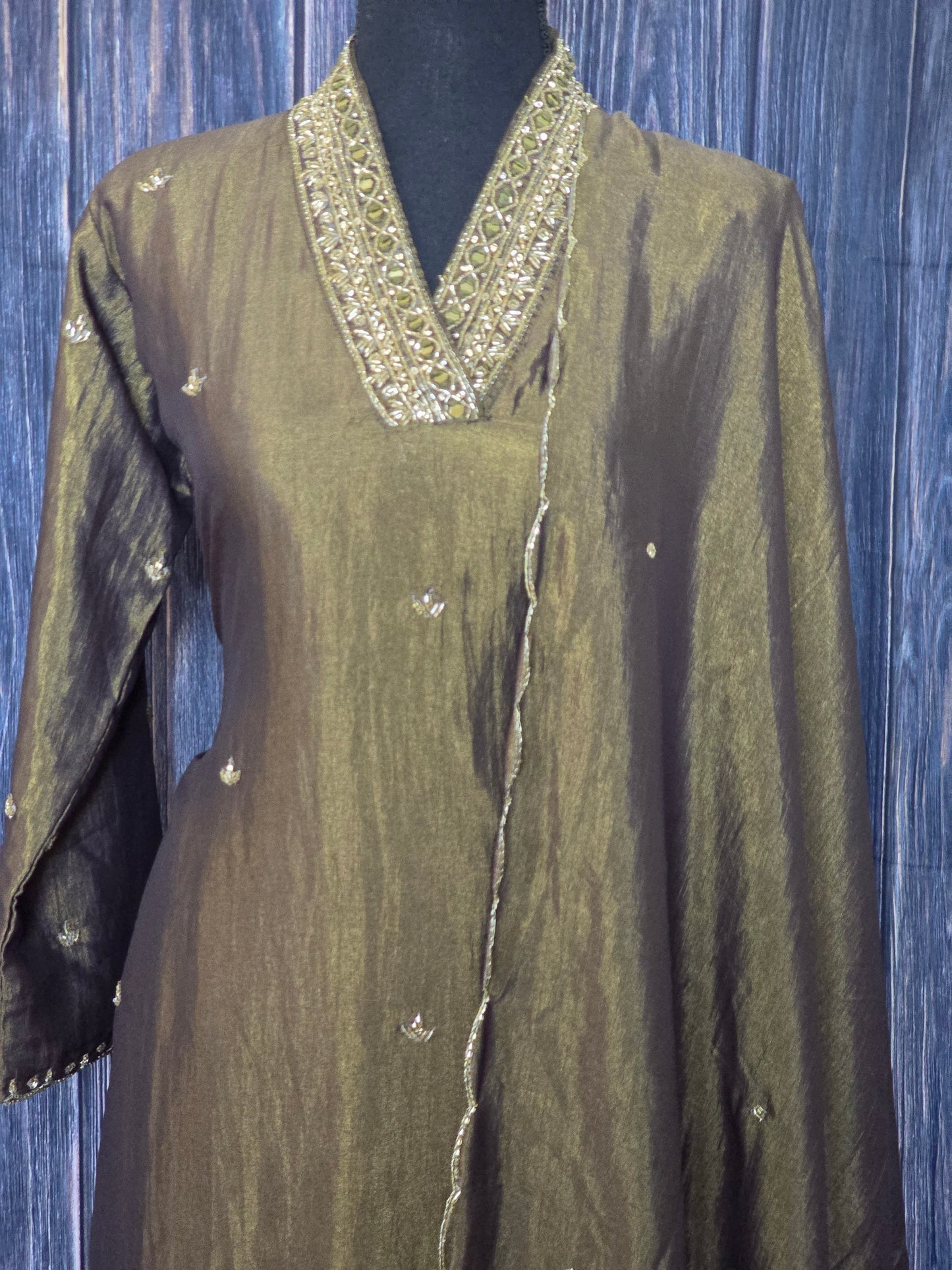 V neck pattern designer (Mehendi green) salwar suit (pant/ dupatta)