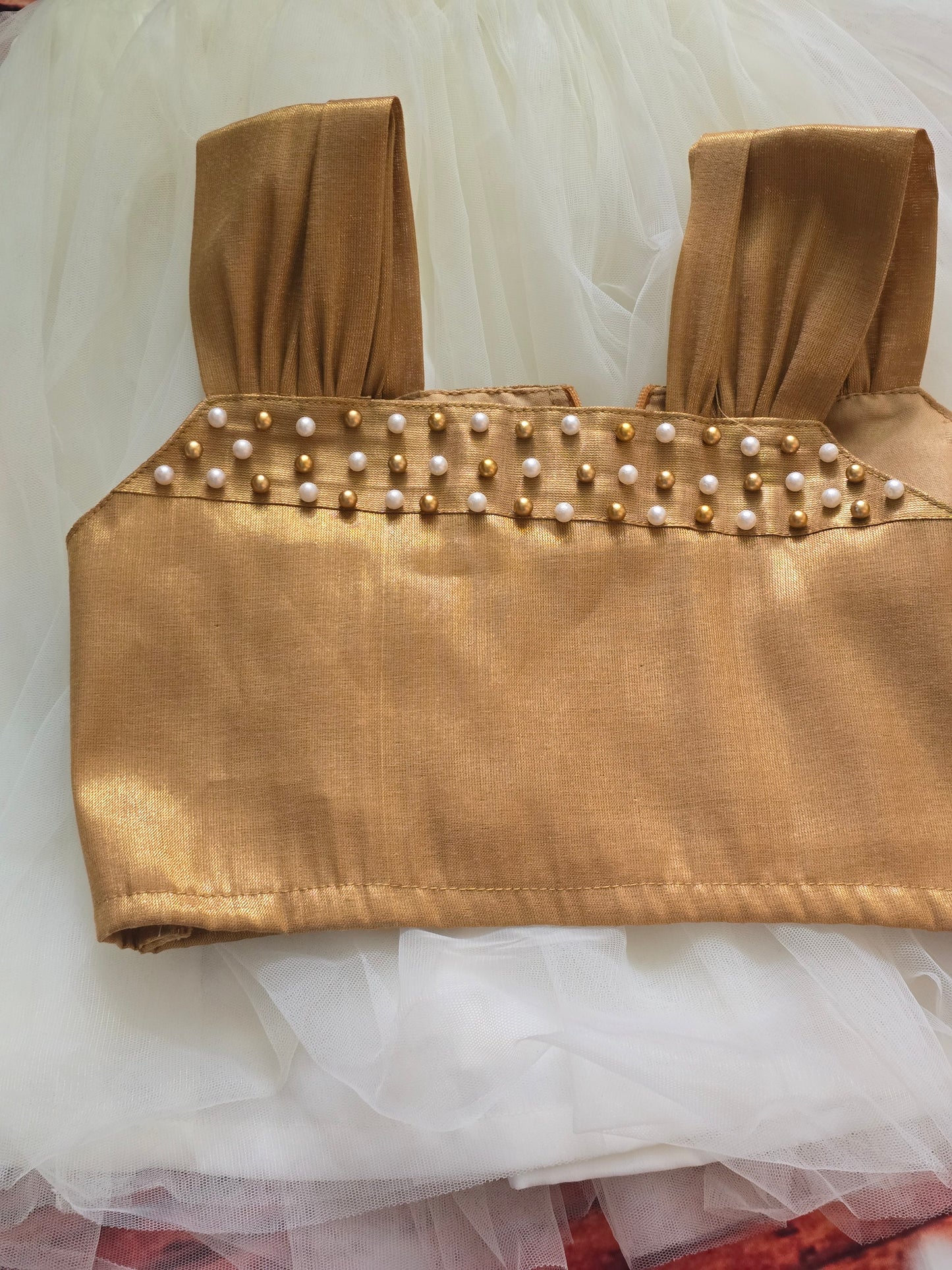 Net skirt(onam) and tissue crop top with pearl work ( 1-2 yrs old)
