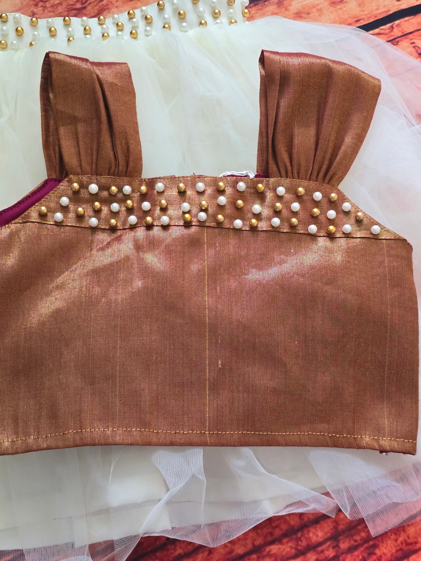 Net (onam skirt) and crop top with pearl work( 1-2 yrs old)