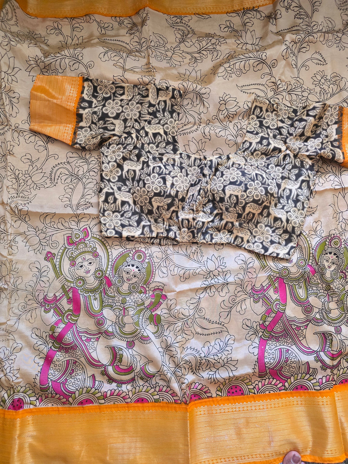 Chennuri silk sarees with kalamkari design all over body- stitched blouse