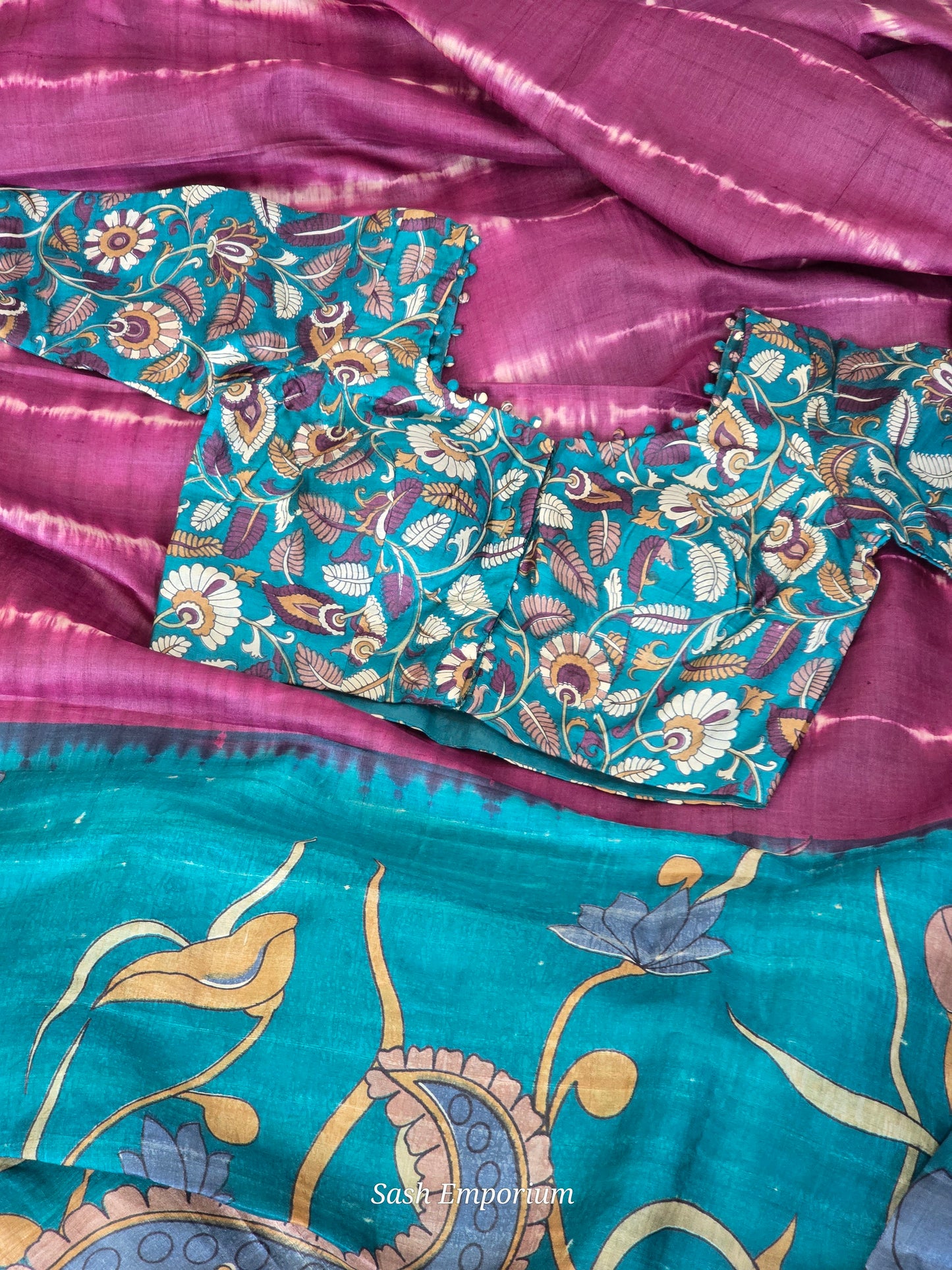 Tussar silk saree with kalamkari contrast pallu- stitched kalamkari blouse
