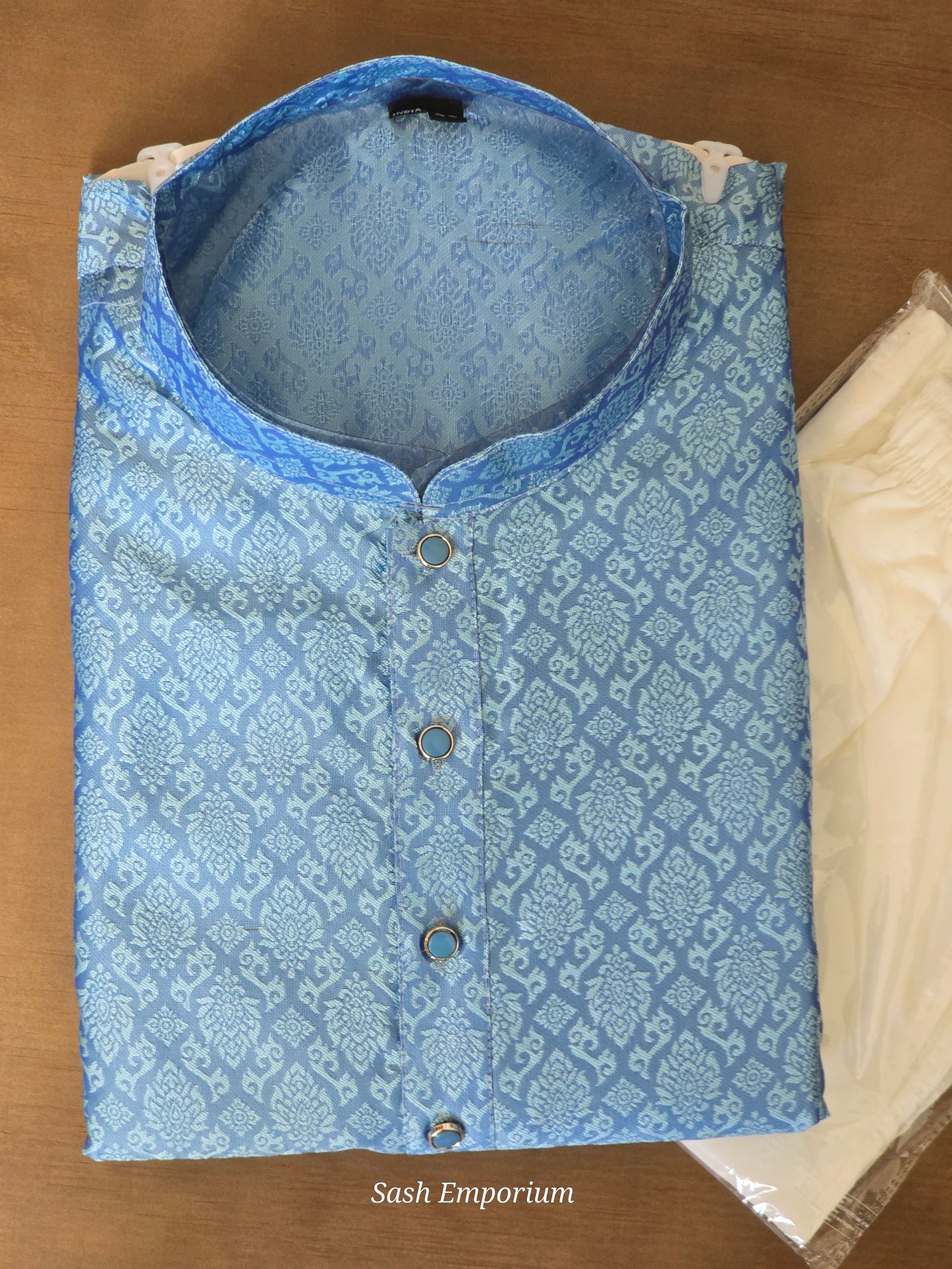 Blue jaquard men's kurta with pants
