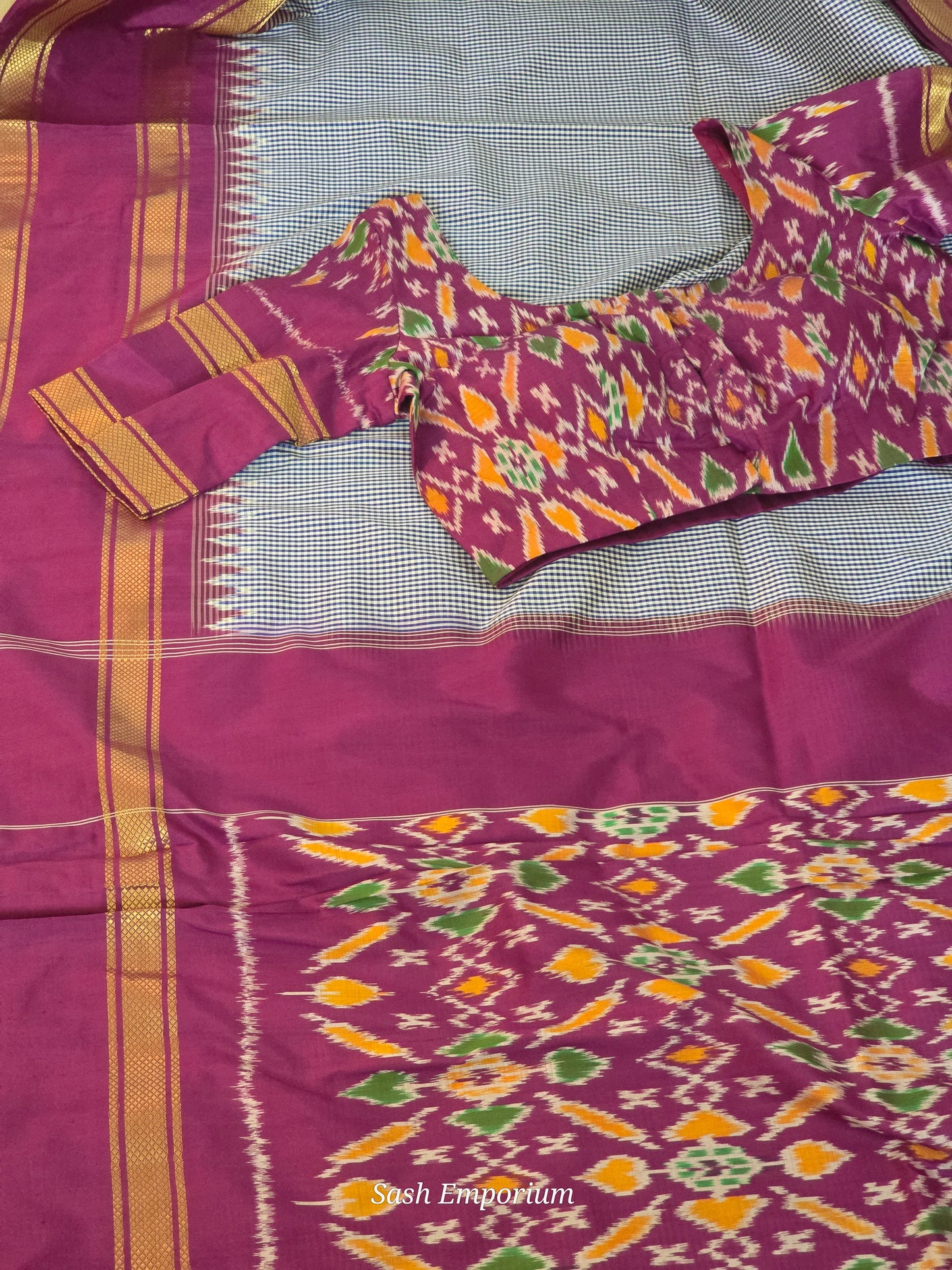 Pure silk ikkat handloom saree( blue check) with stitched blouse
