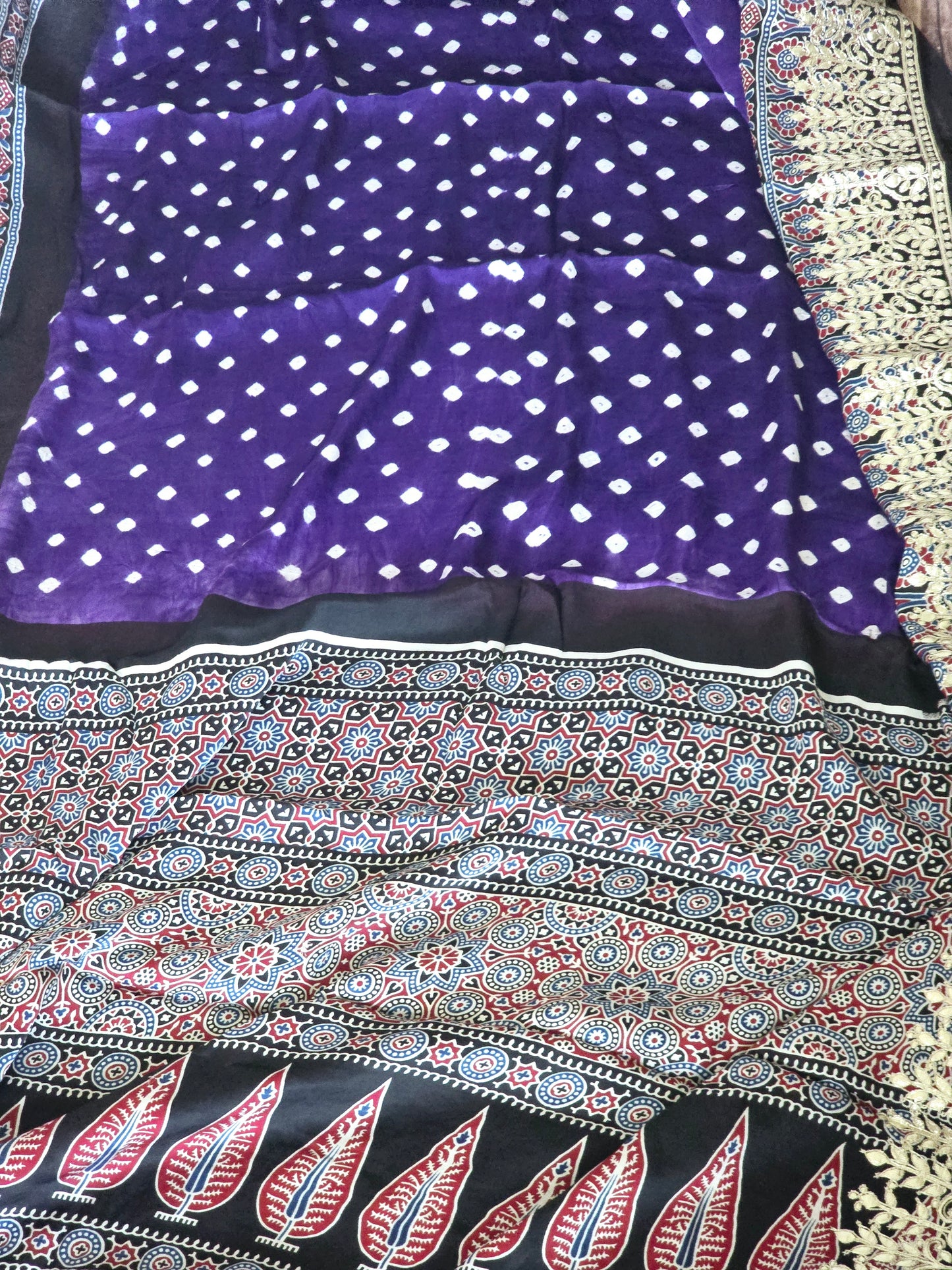 Hand bandhej gajji silk saree with ajrakh block print and gotapati design in border- stitched blouse