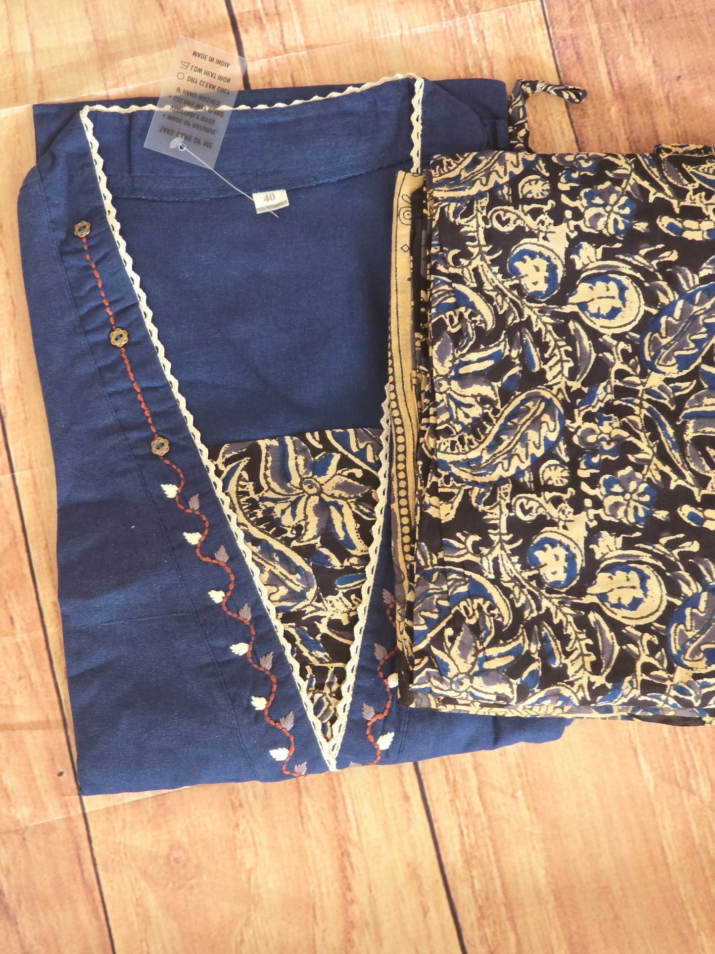 Cotton salwar suit set with kalamkari bottom and dupatta