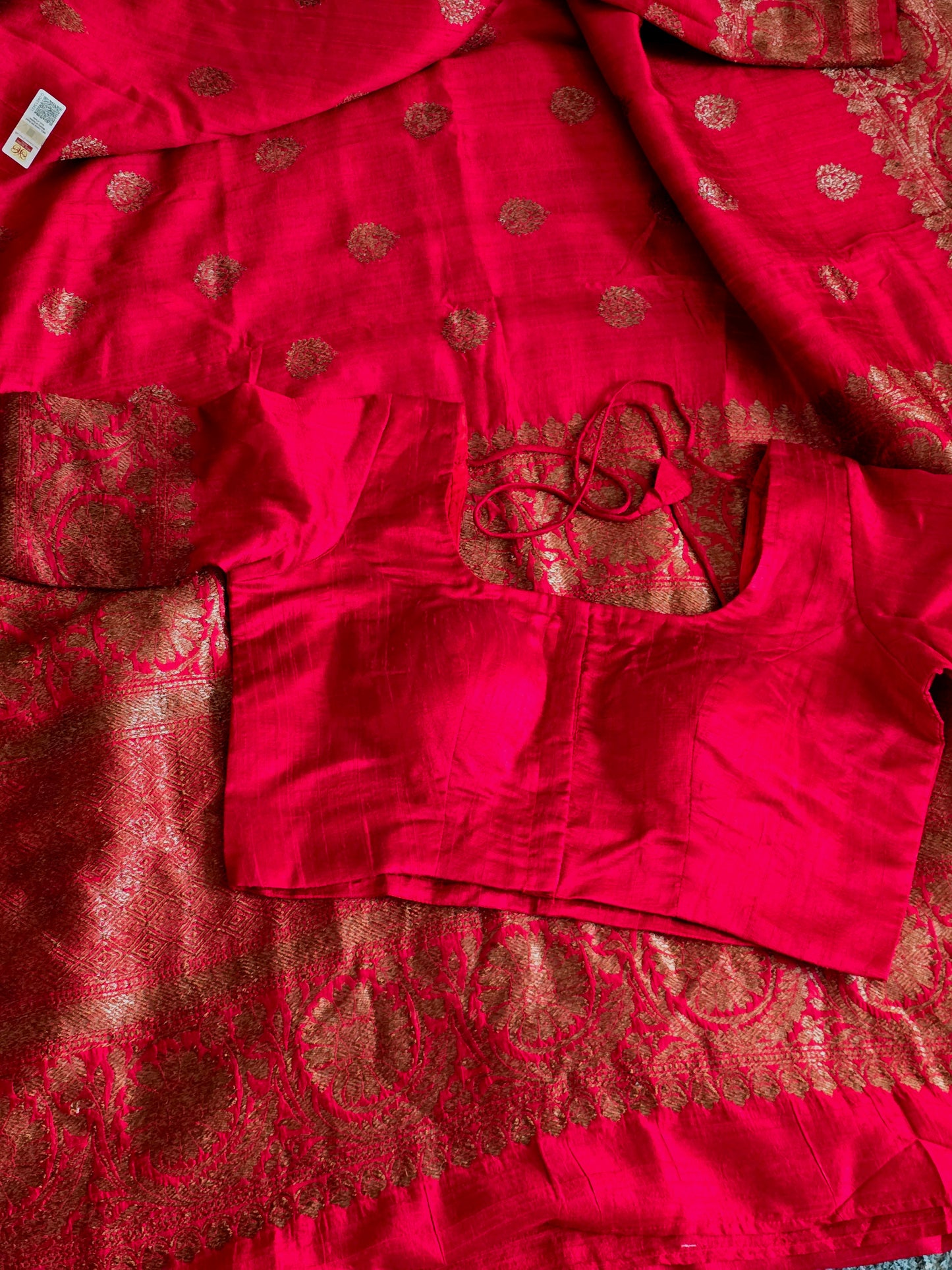 Pure raw silk saree( chillie red) with Banarasi border- stitched blouse