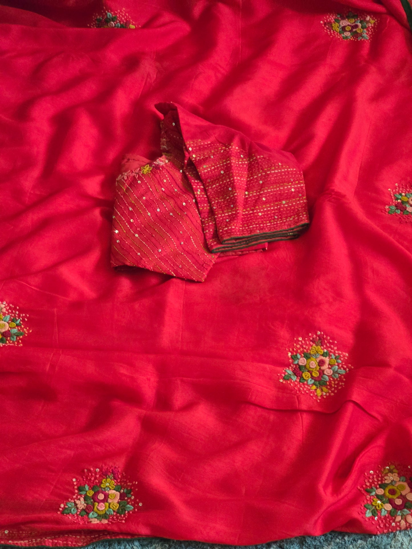 Bright red crape silk with kantha work - stitched blouse ( work)!