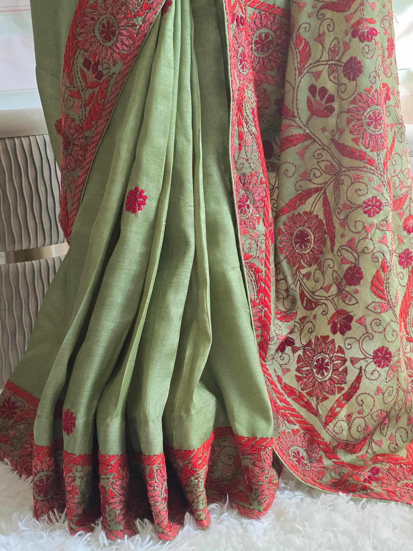 Tussar silk with thread work- stitched blouse