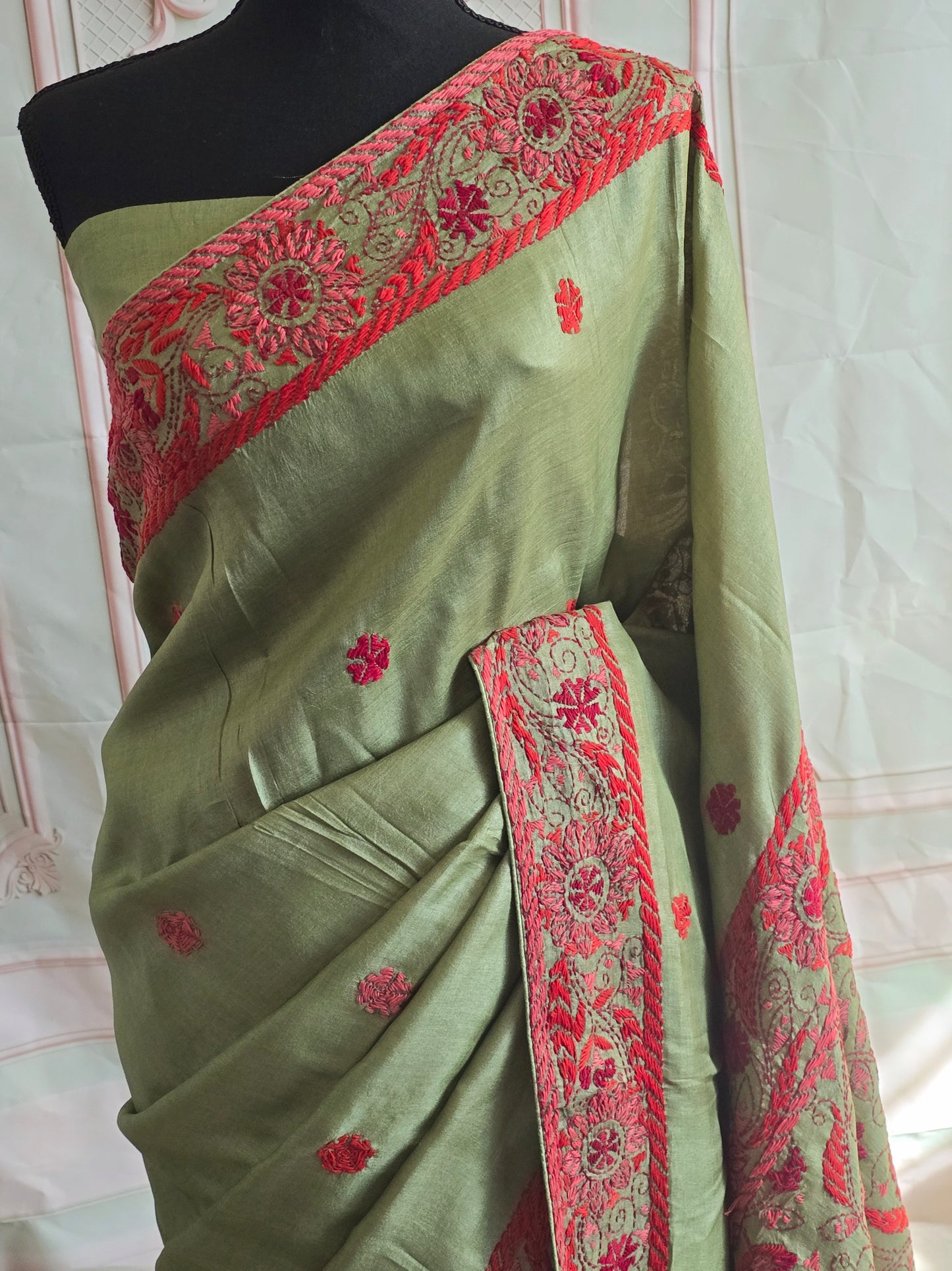 Tussar silk with thread work- stitched blouse