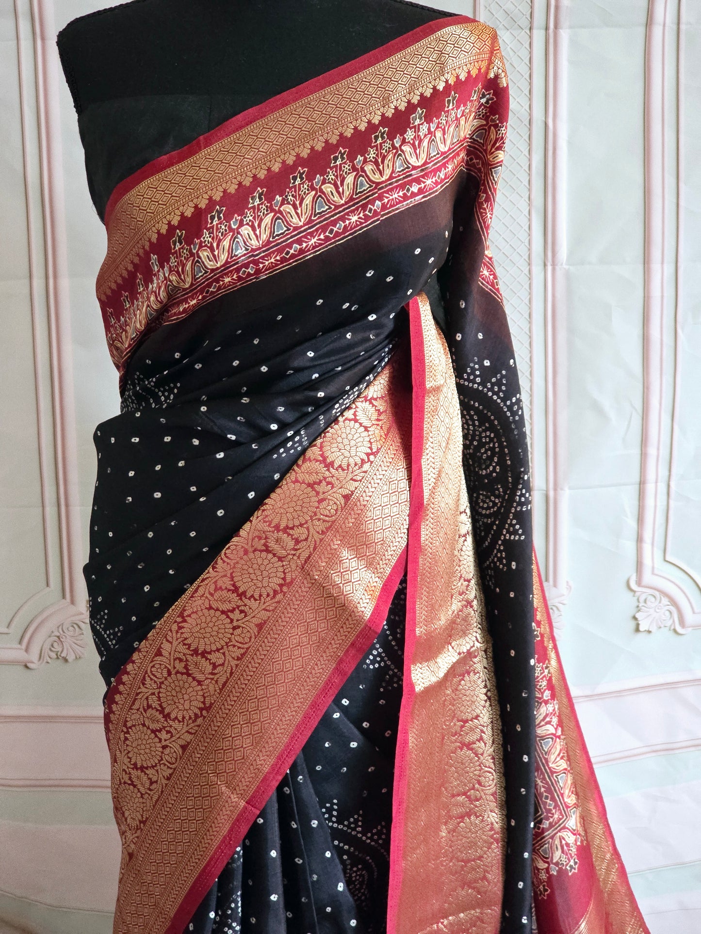 Semi modal silk(black) with bandhej print- stitched blouse