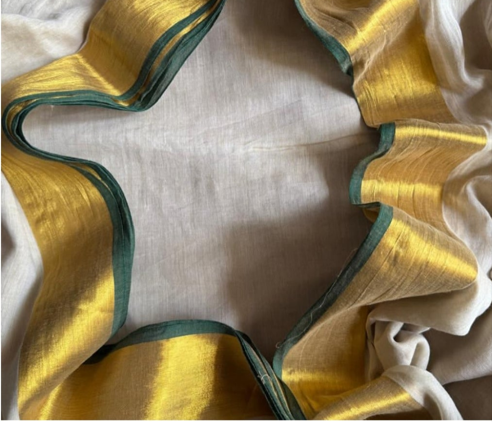 Mul cotton onam saree with gold/green border- no blouse