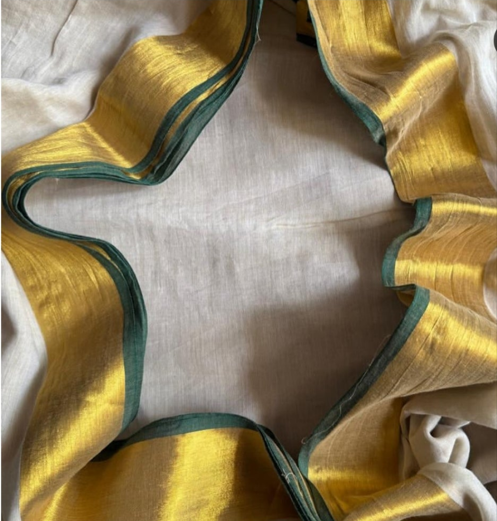 Mul cotton onam saree with gold/green border- no blouse