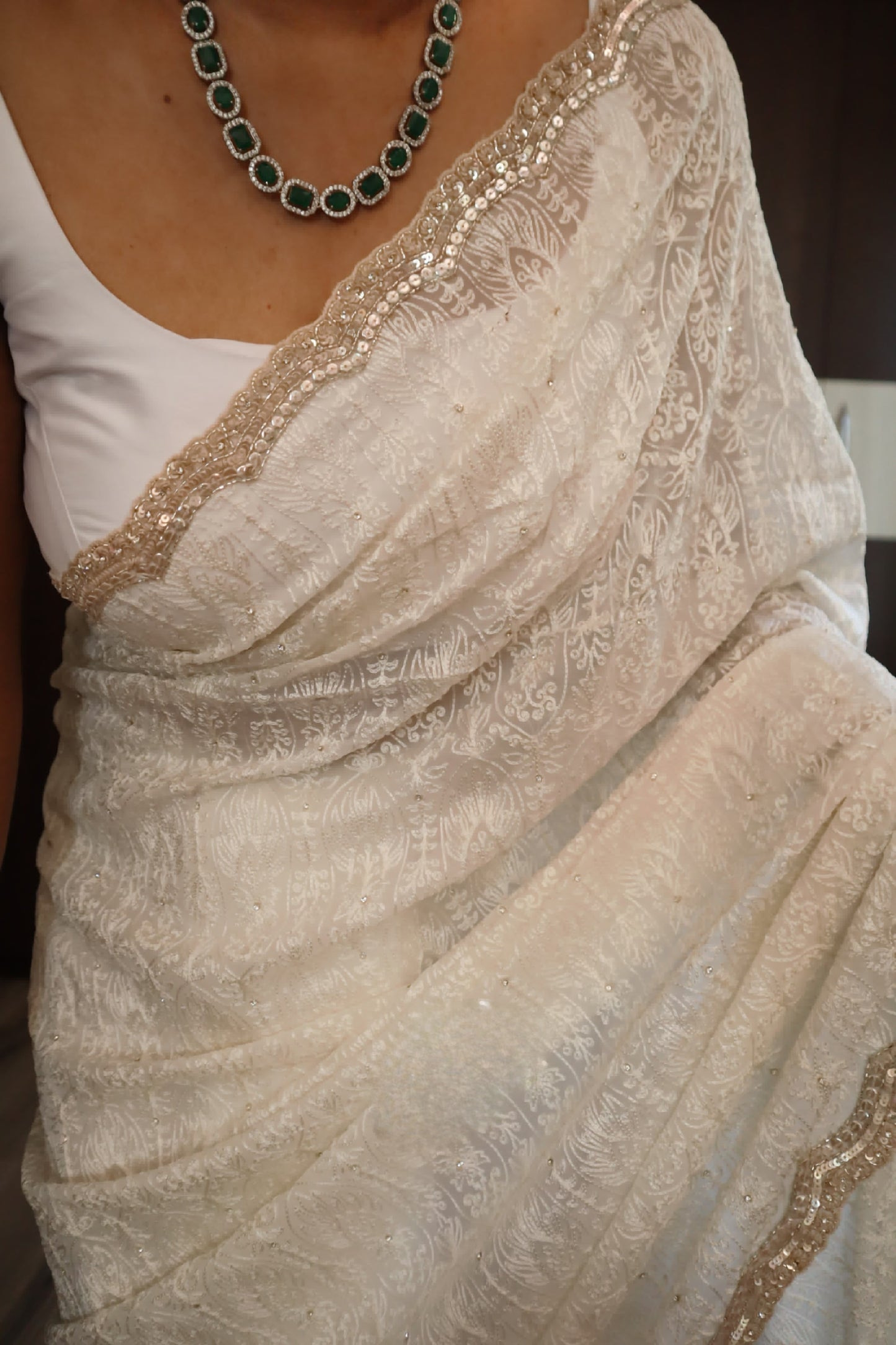 Georgette saree chilankari work and cutdana/ stone work border- stitched blouse