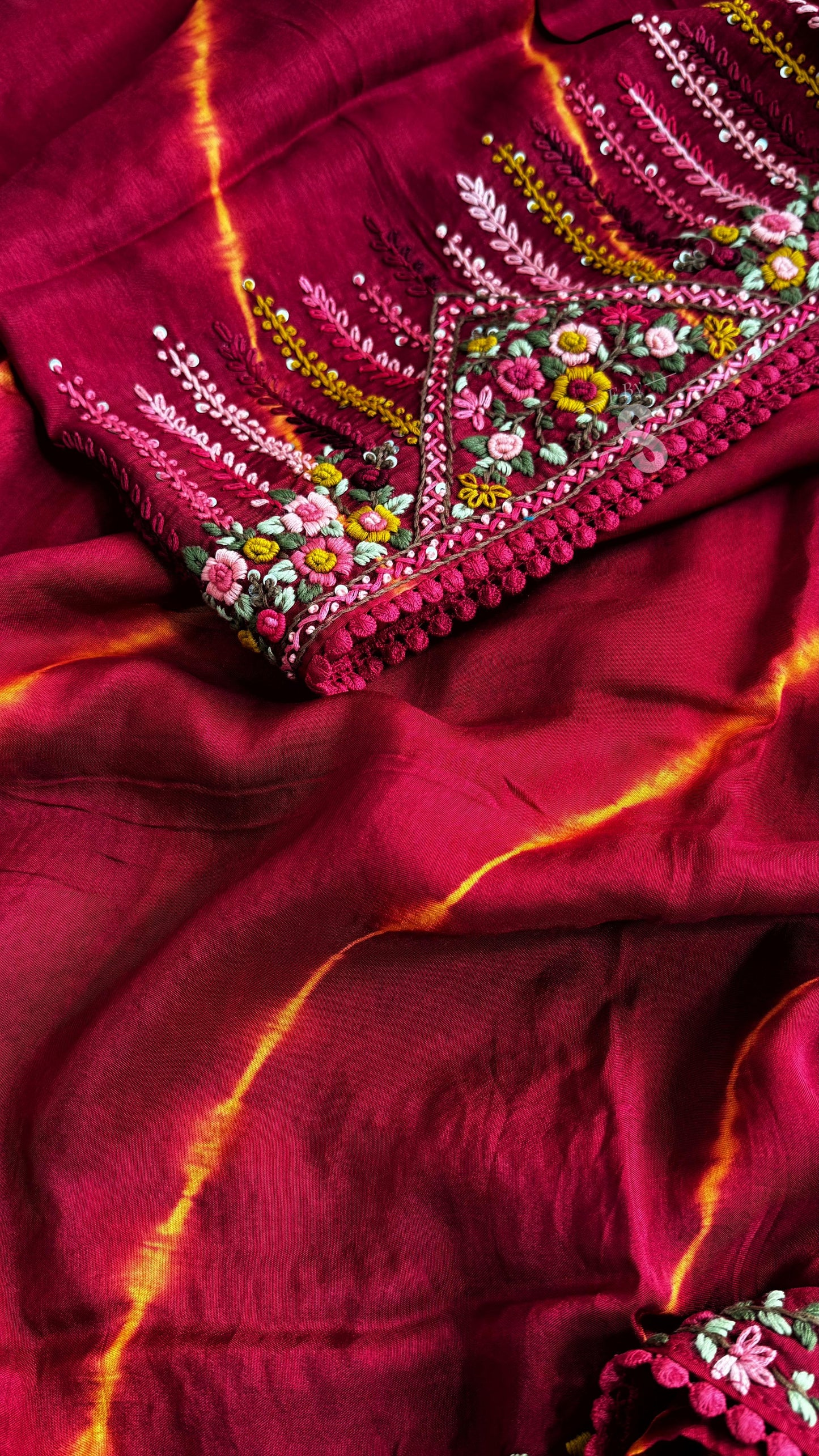 Russian silk saree with parsy hand embroidary- with designer blouse