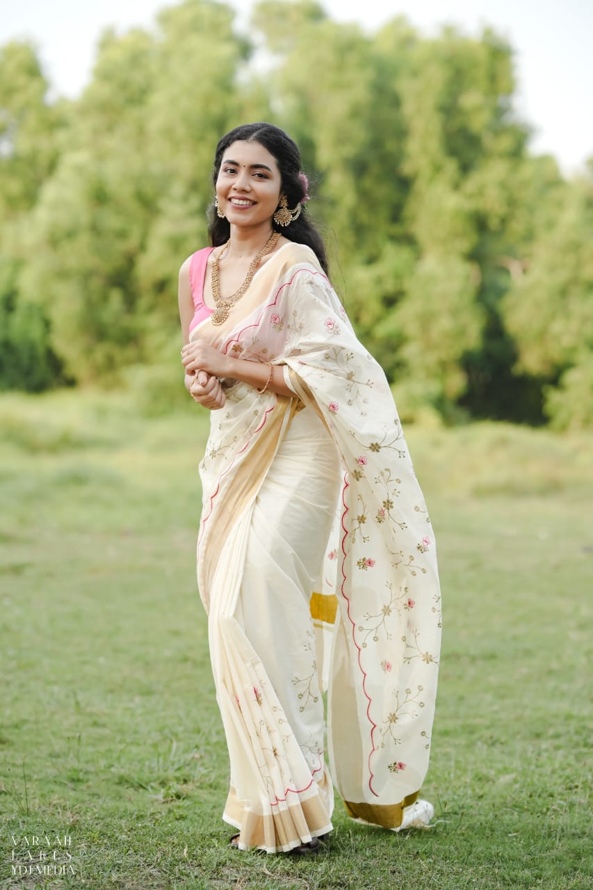 Premium Cotton set saree with tread embroidary- stitched blouse option available