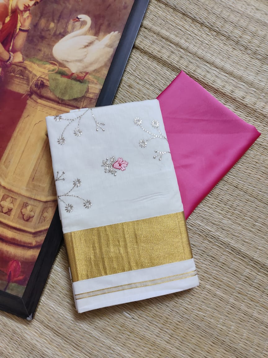 Premium Cotton set saree with tread embroidary- stitched blouse option available