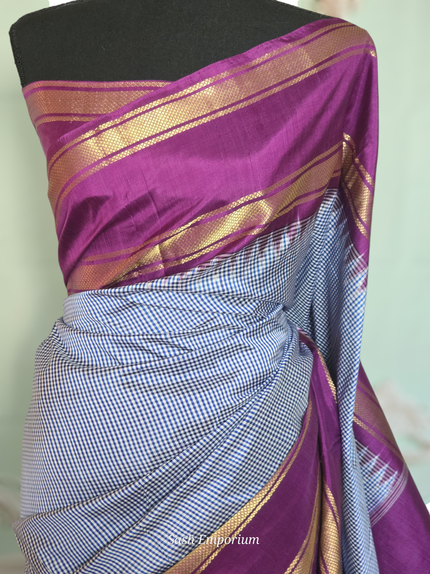 Pure silk ikkat handloom saree( blue check) with stitched blouse