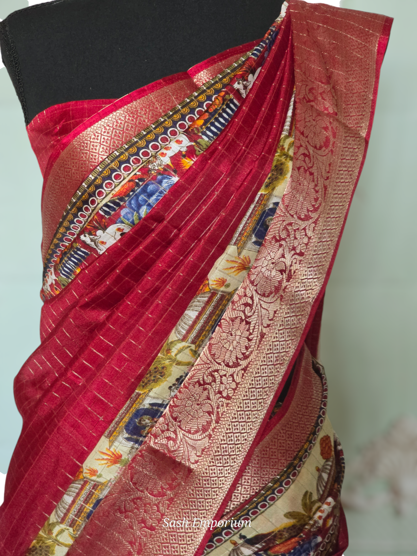 Mangalgiri check saree with madhubani print-stitched blouse