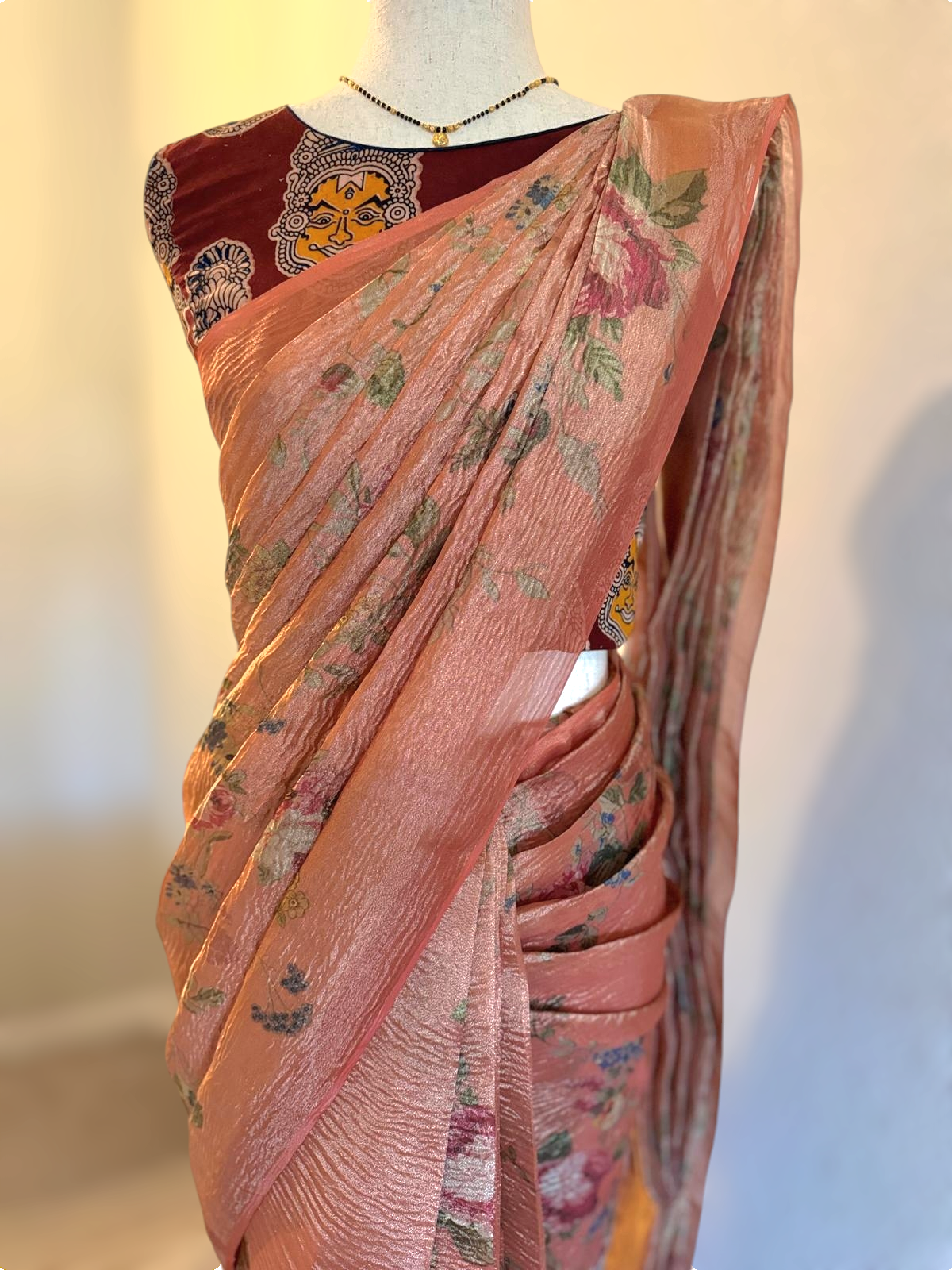 Crushed organza floral print saree- No Bp