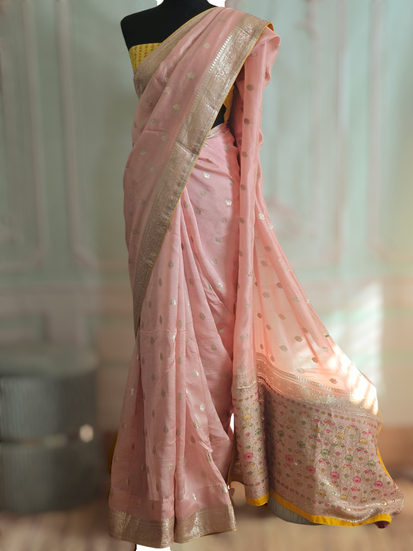 Soft organza saree with silver butas ( contrast yellow pallu)- stitched yellow blouse