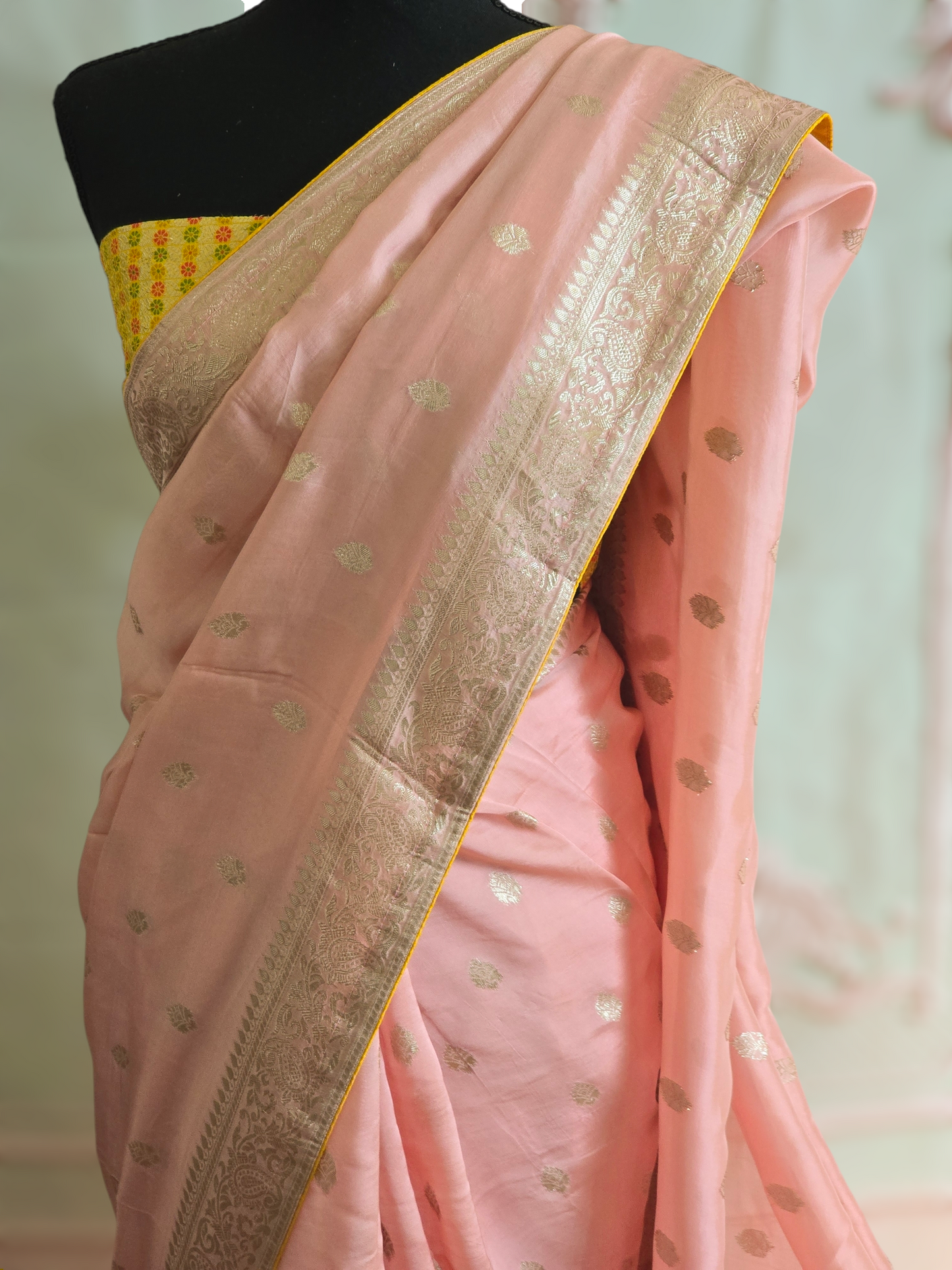 Soft organza saree with silver butas ( contrast yellow pallu)- stitched yellow blouse