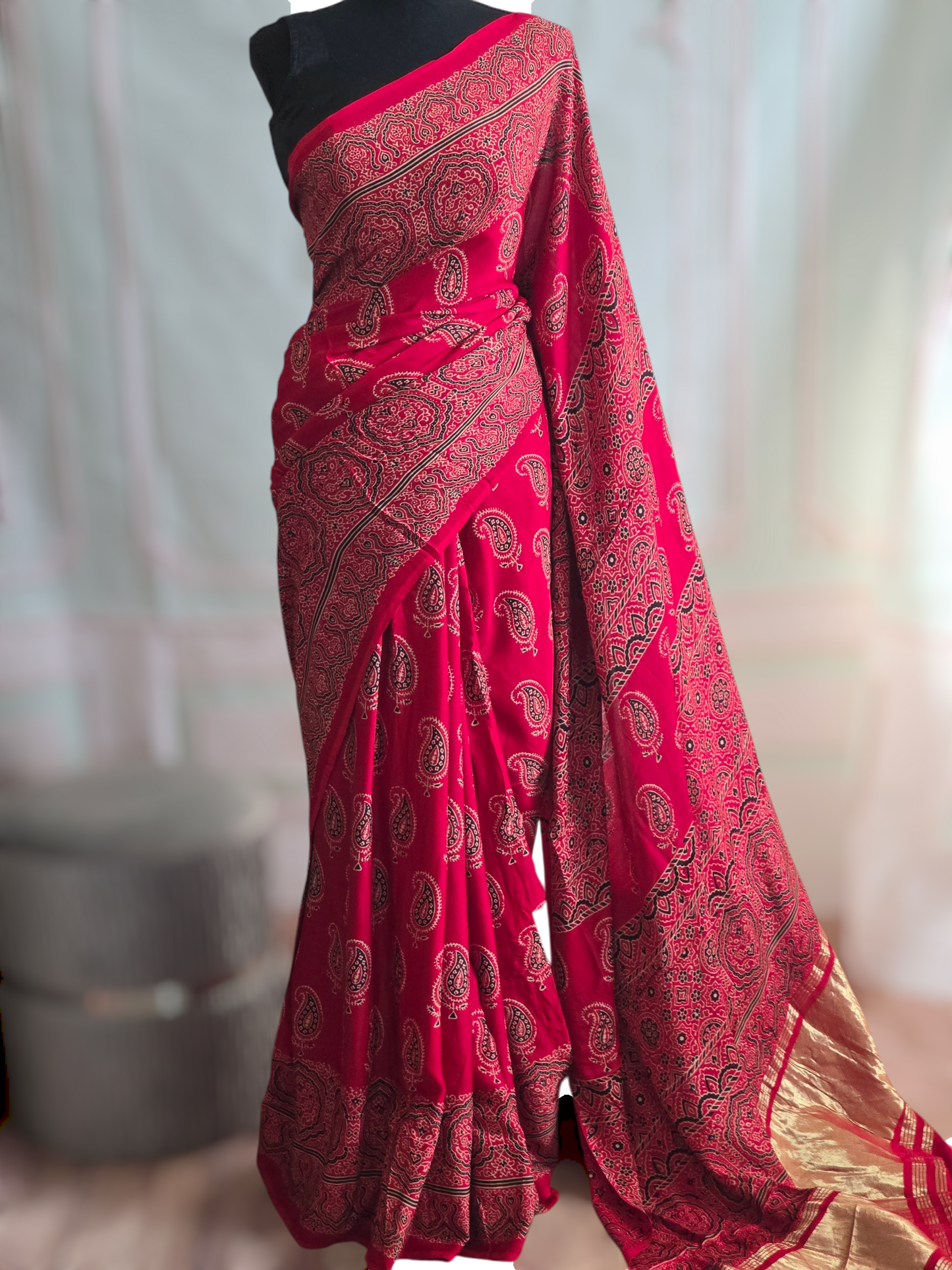 Red modal silk saree with stitched blouse