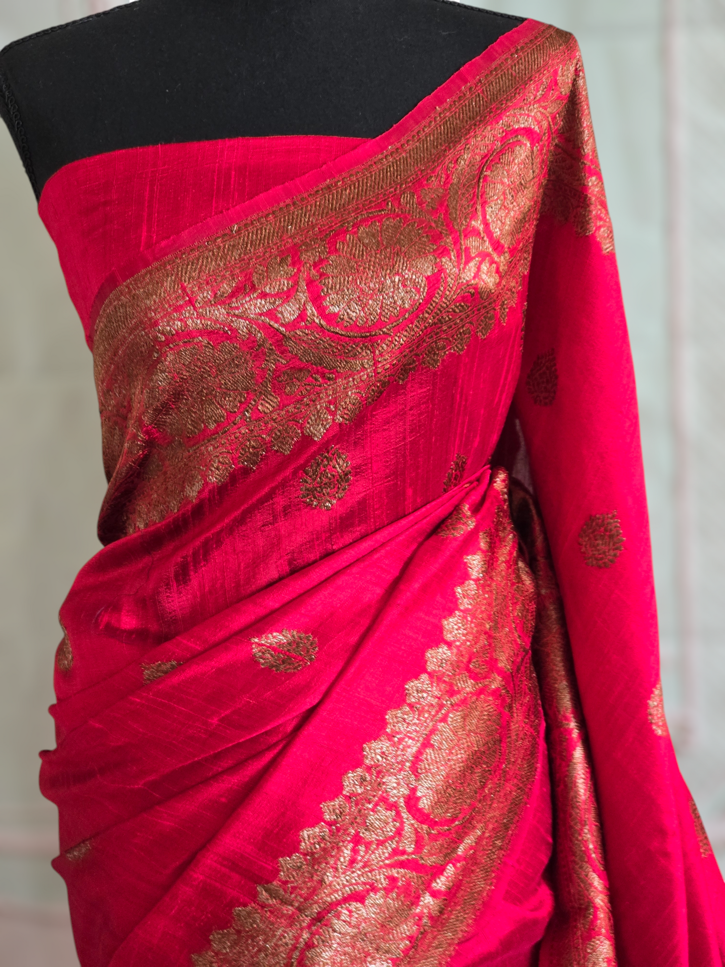 Pure raw silk saree( chillie red) with Banarasi border- stitched blouse