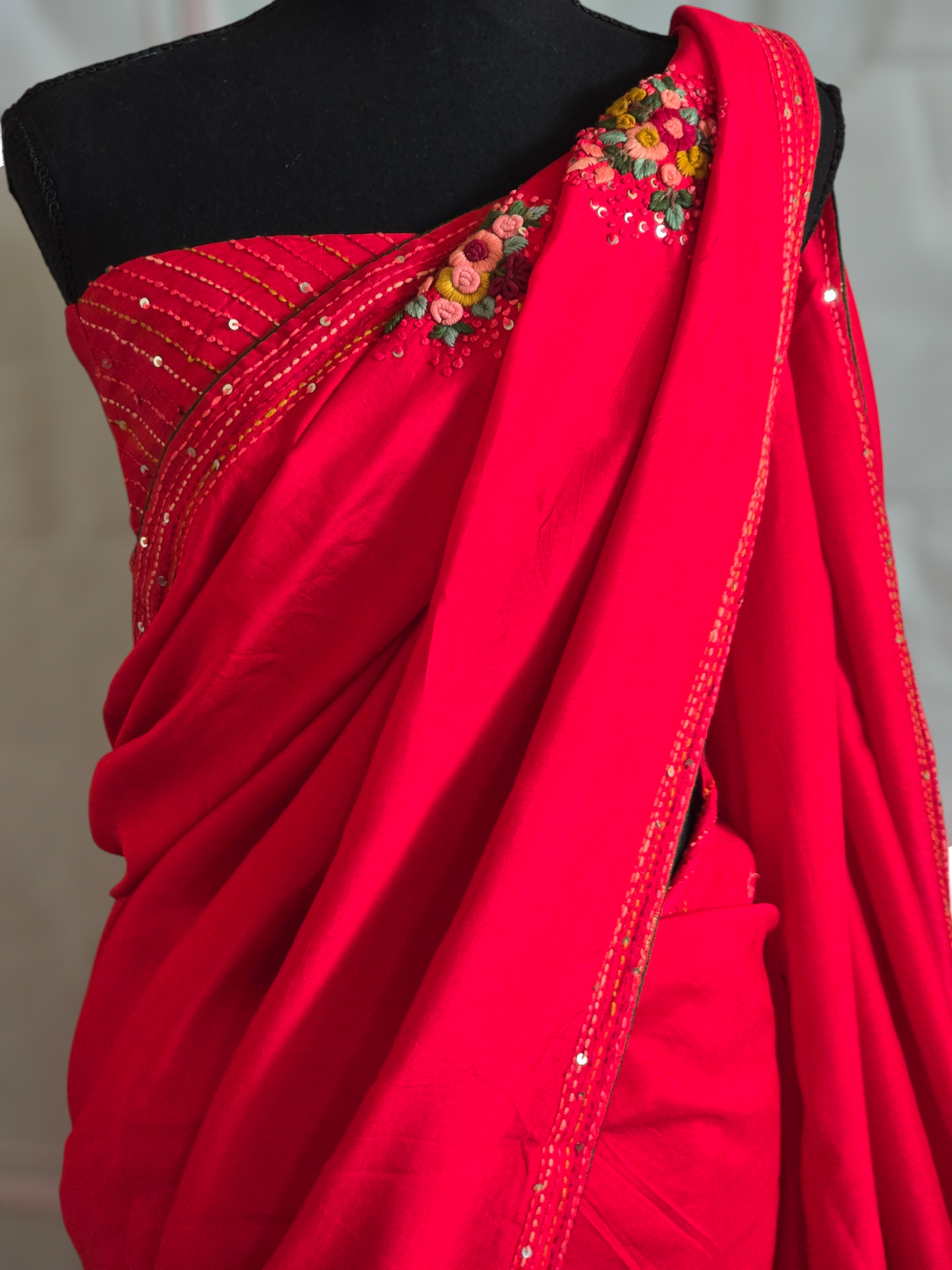 Bright red crape silk with kantha work - stitched blouse ( work)!