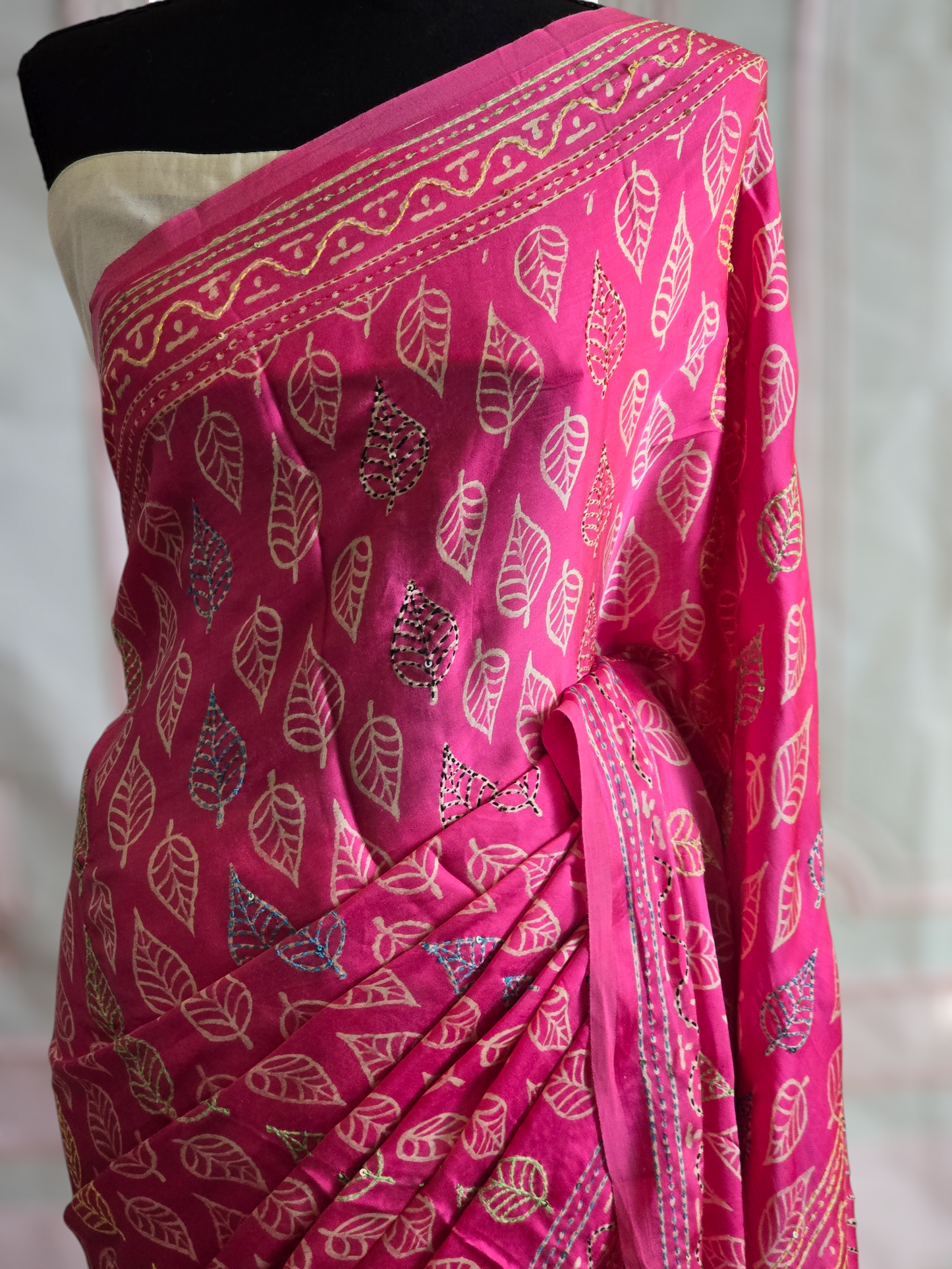 Modal silk block printed saree with kantha weaving- stitched blouse