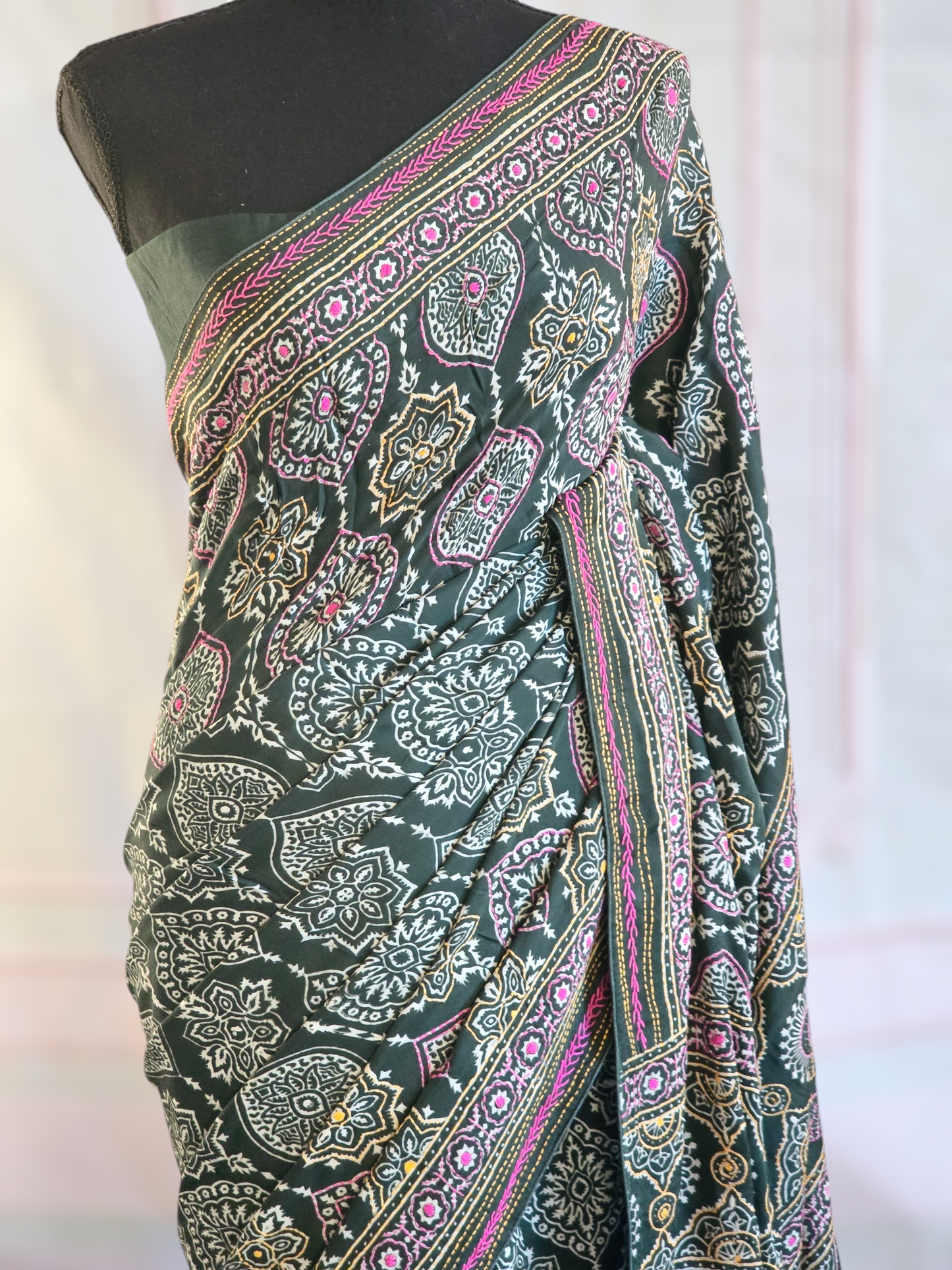 Modal silk( dark green) block printed saree with kantha weaving- stitched blouse