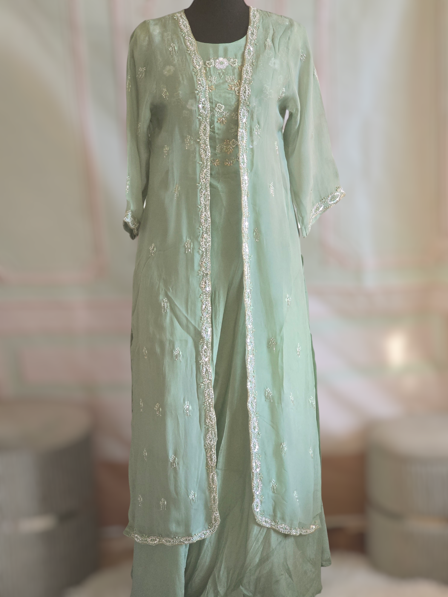 Party wear long gown(pastel shade) with handworked shrug SashEmporium Party wear long gown(pastel shade) with handworked shrug SashEmporium