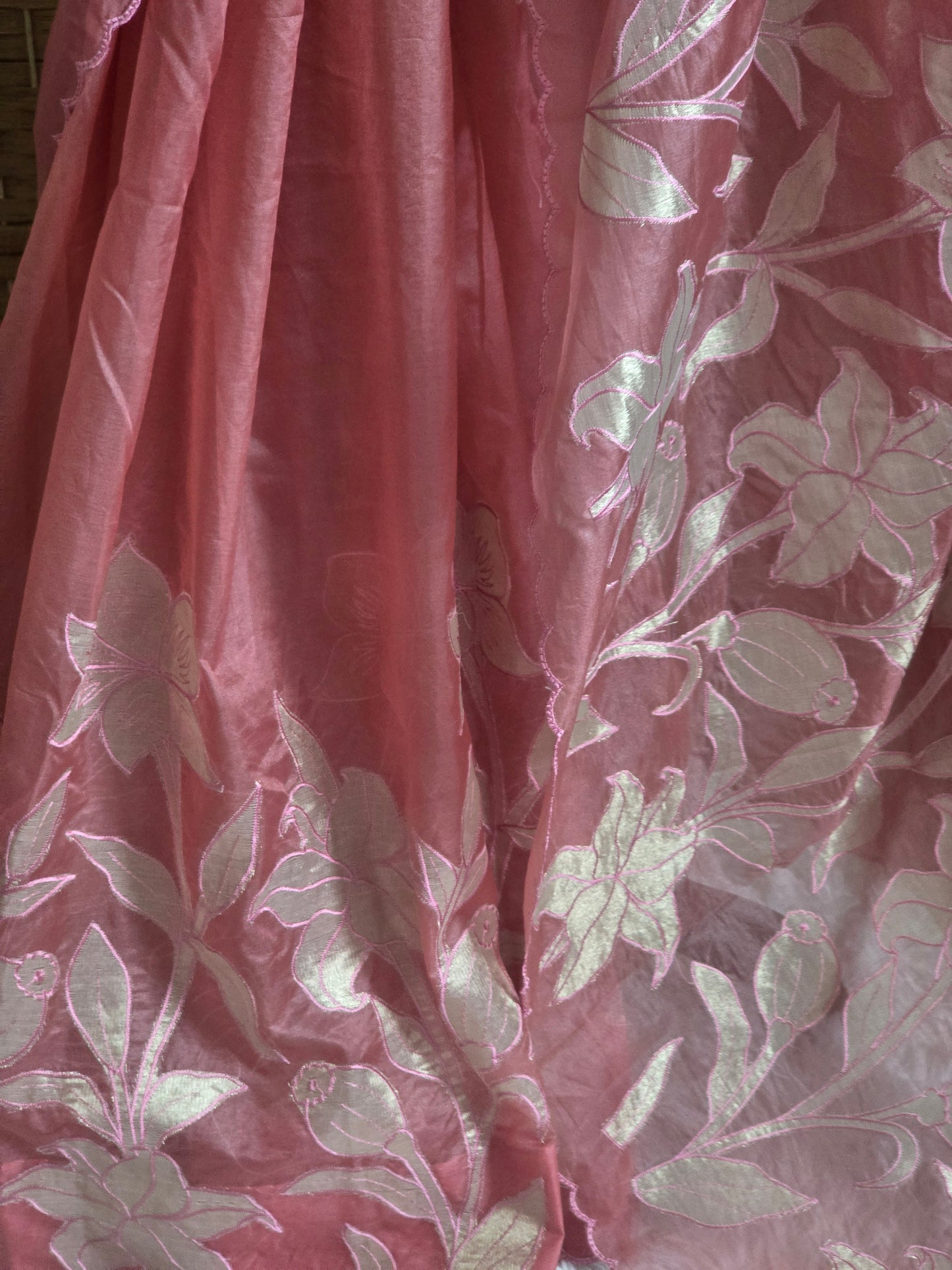 Turquish organza saree (baby pink) with applique work- stitched blouse