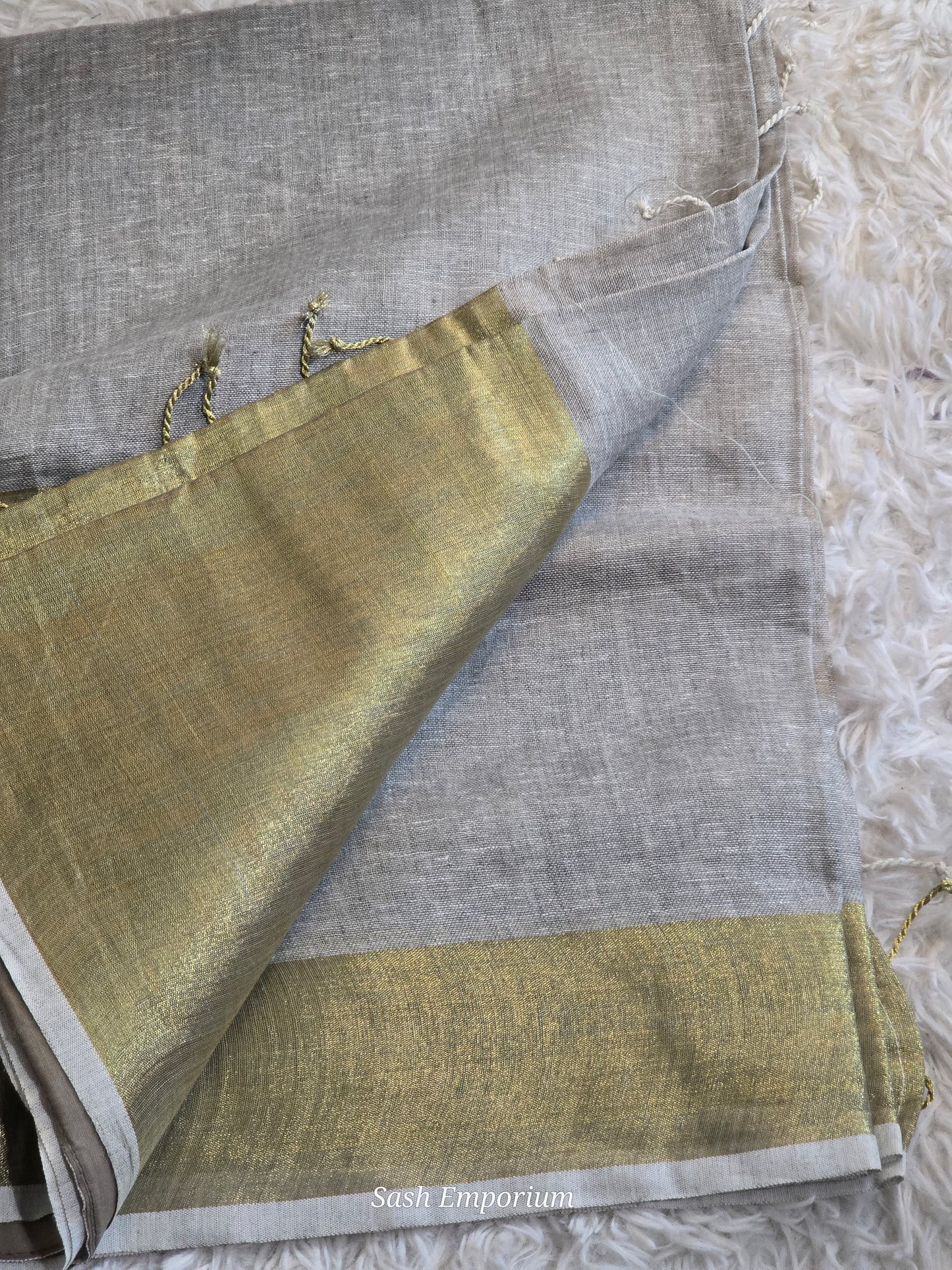 Linen cotton saree ( grey) with gold border-stitched blouse