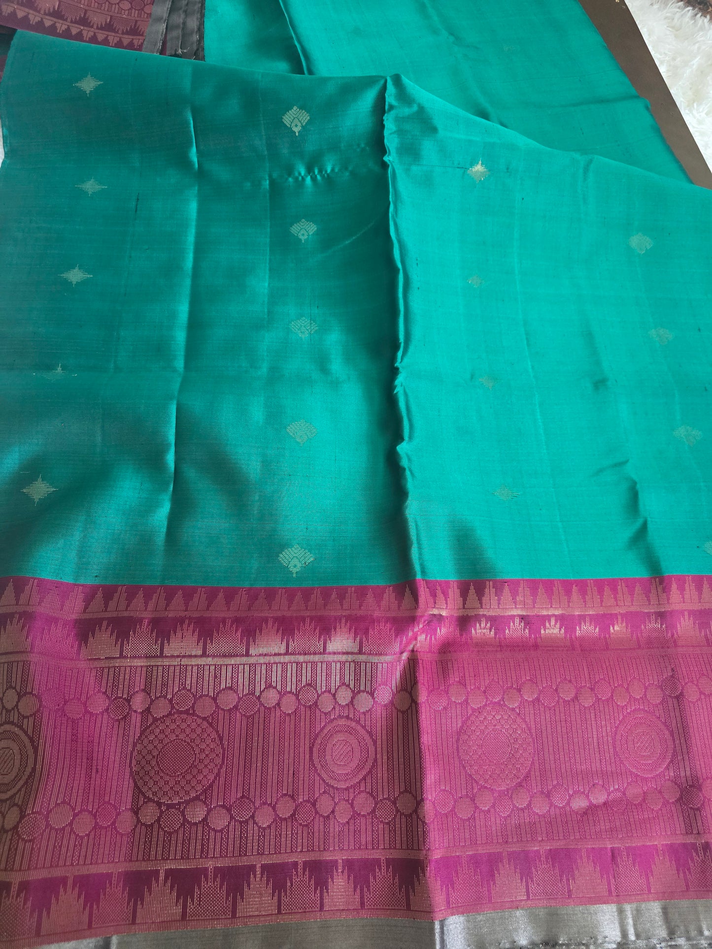 Kancheepuram soft silk saree with Rama green-purple combo