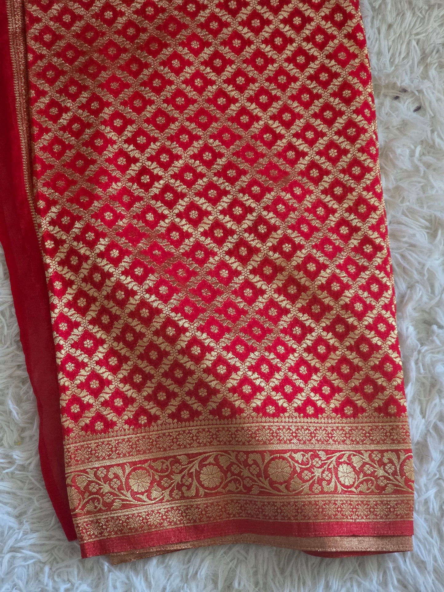 Semi munga (Red) silk saree- sleevless or with sleeve stitched blouse