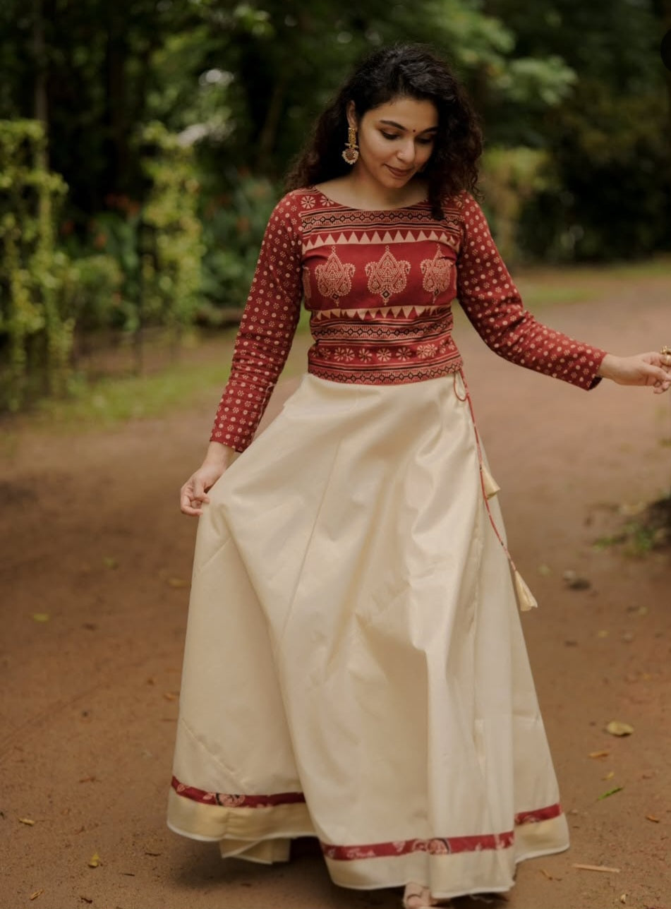 Premium tissue onam skirt and block printed top