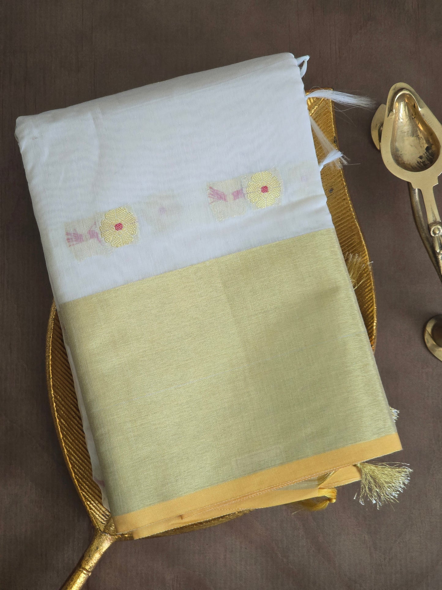 Soft Chanderi Kerala saree with golden border and butas