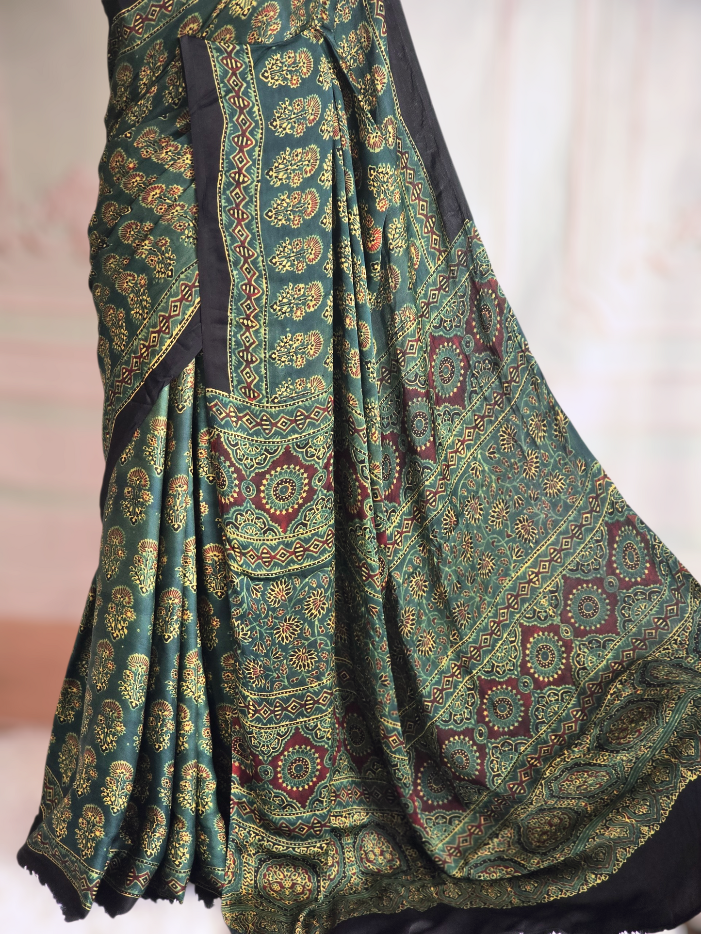 Modal silk saree with handblock print - stitched blouse