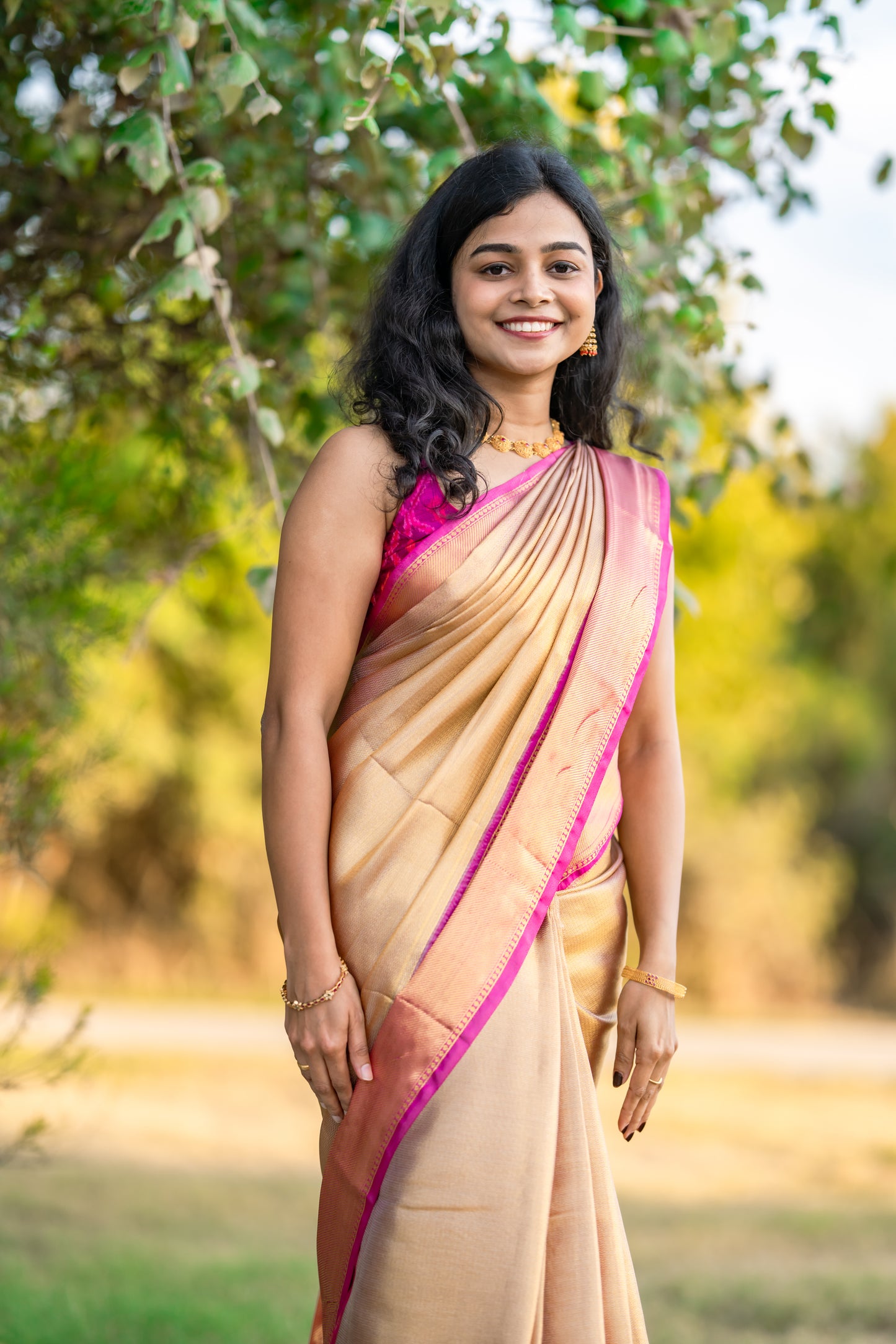 Semi tissue saree with pink border- blouse pc