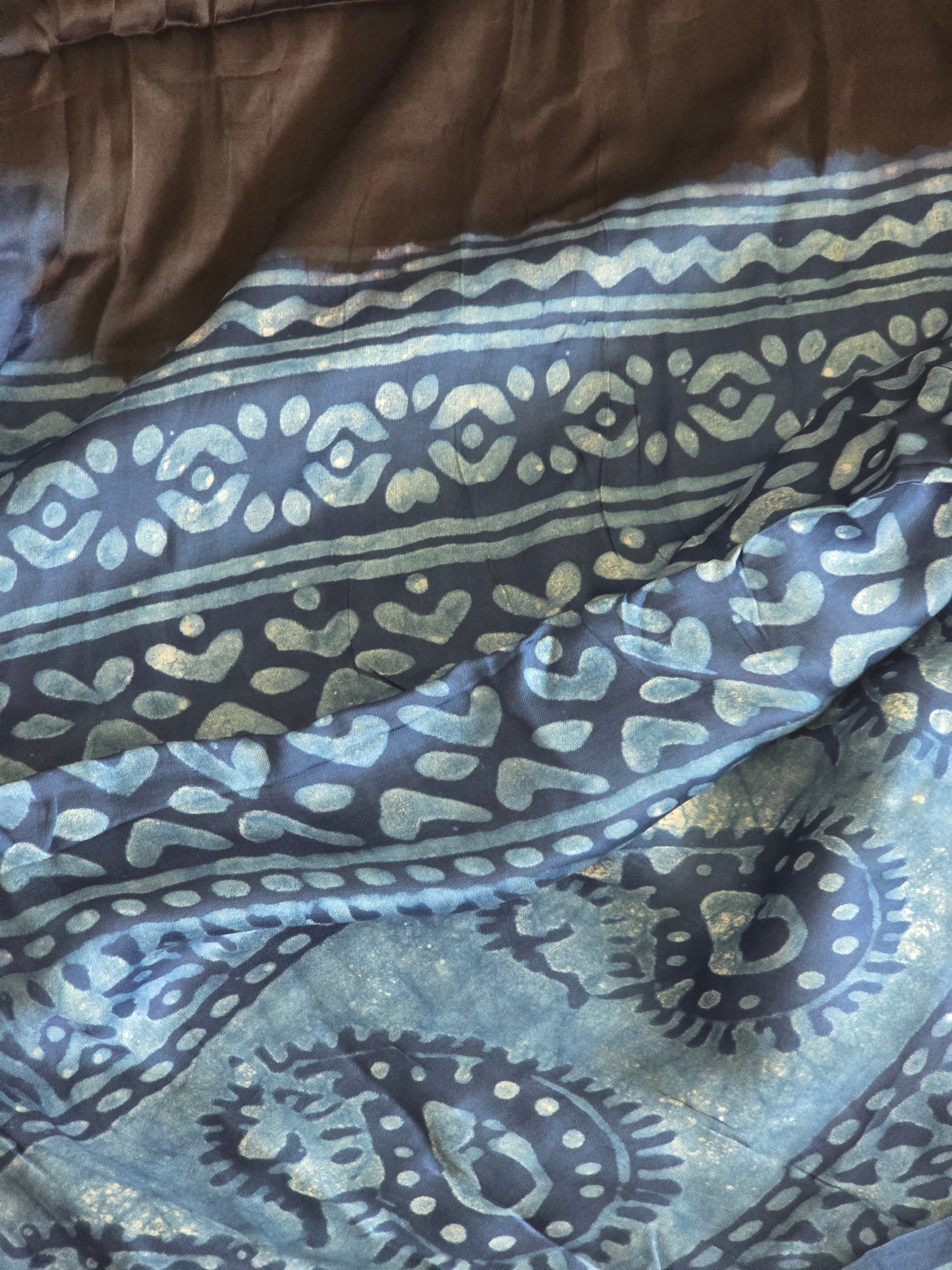 Modal silk on Indigo- with natural dye handblock Ajrakh vanaspati print Saree with stitched blouse