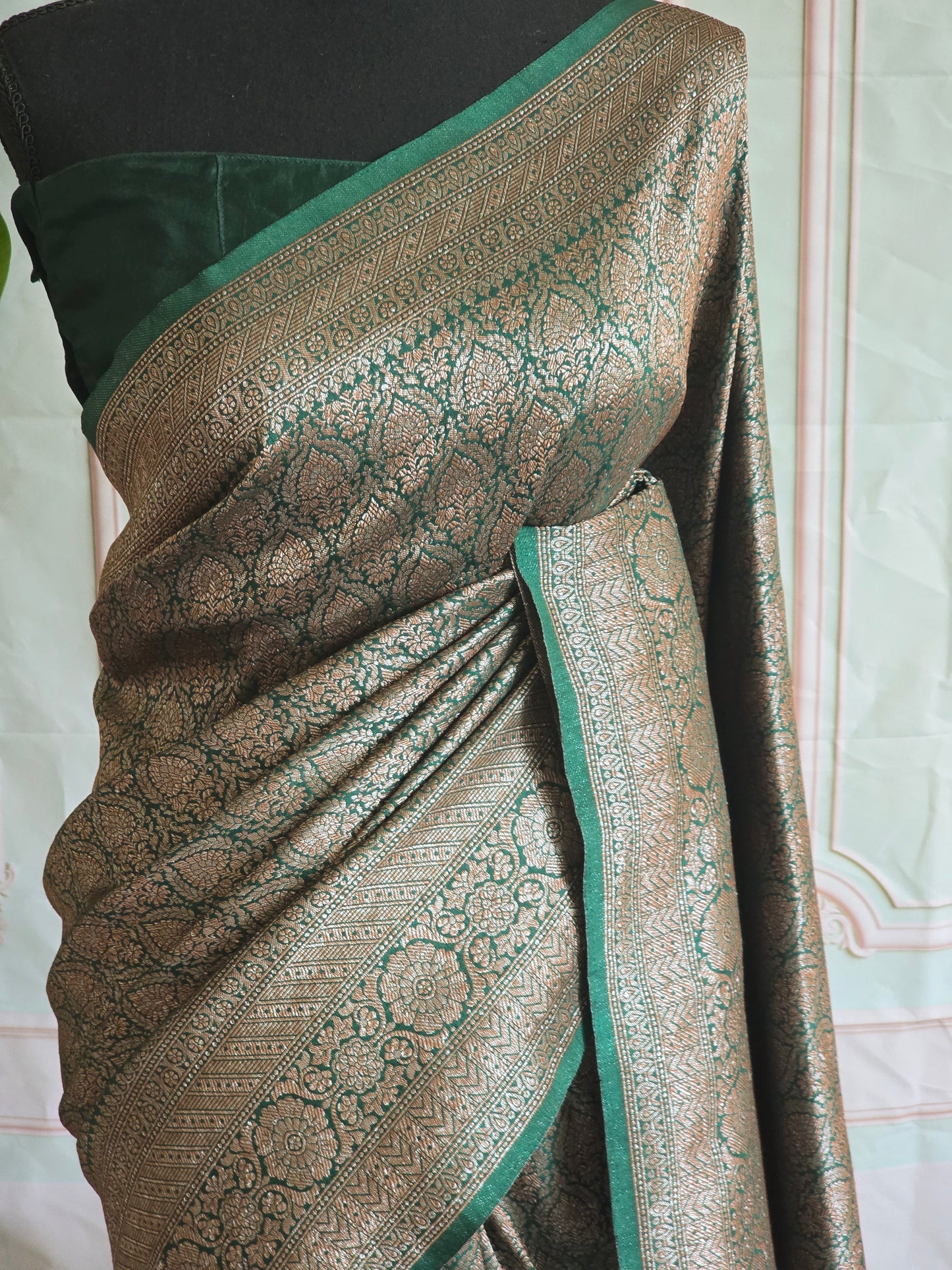 Semi katan silk saree with antique weaving-stitched blouse