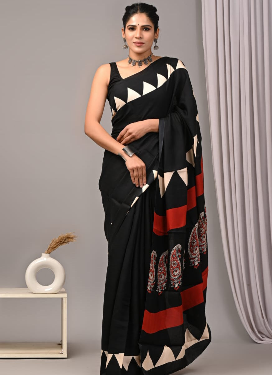 Modal silk with natural dye handblock Ajrakh vanaspati print Saree with stitched blouse