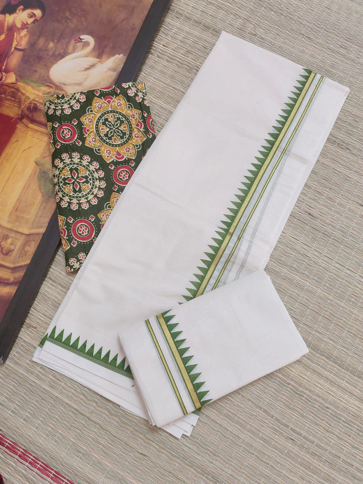 Premium cotton set mund with temple border- with matching printed blouse