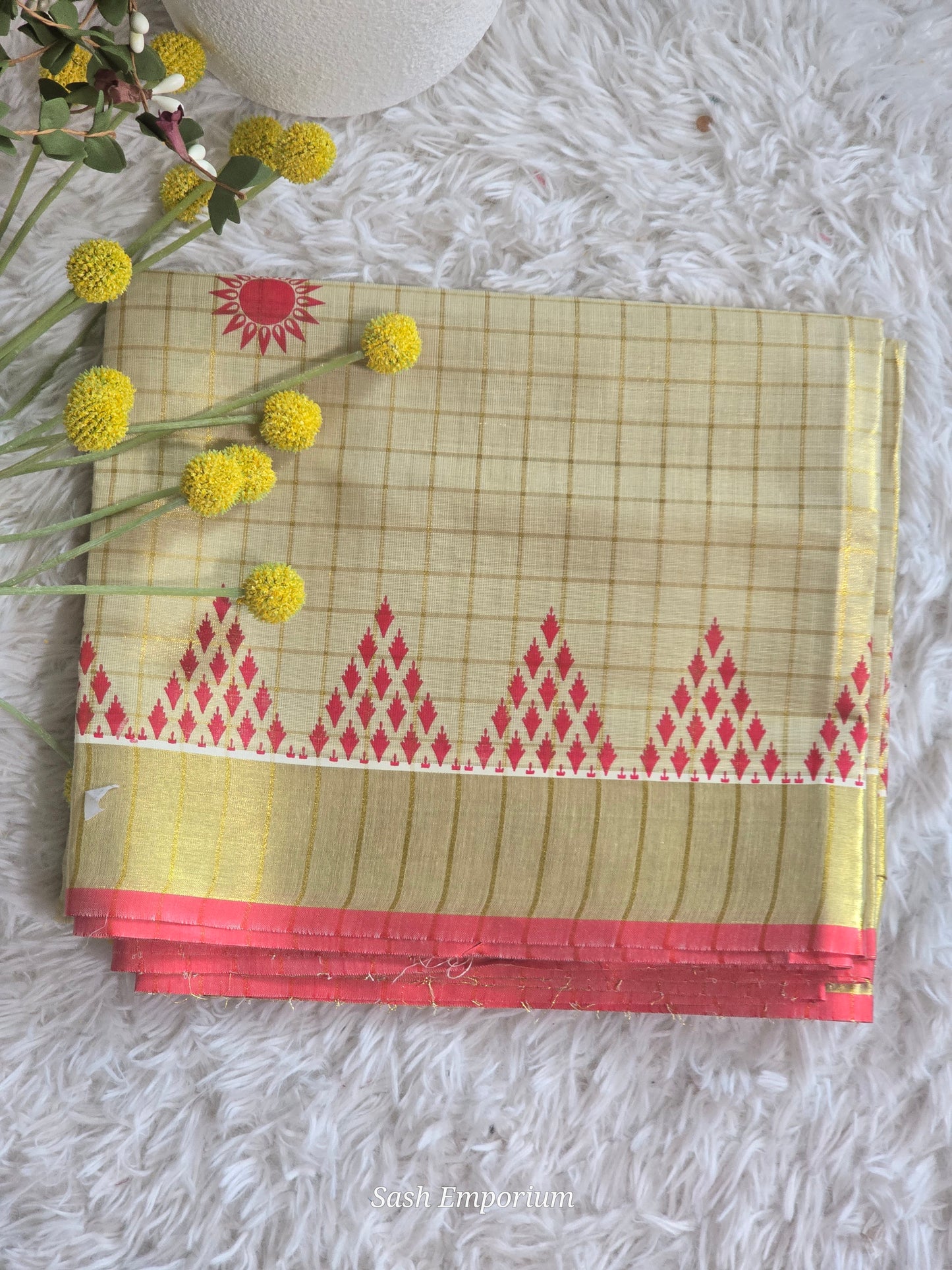 Tissue set saree with rani red/ gold combo