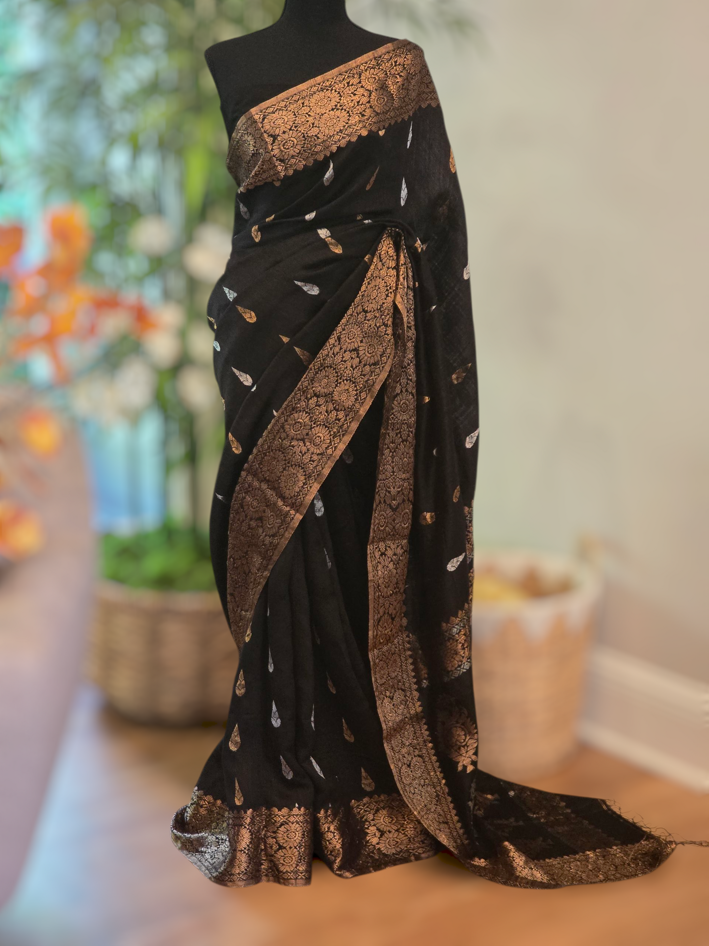 Matka silk banarasi saree with copper weaving- stitched blouse