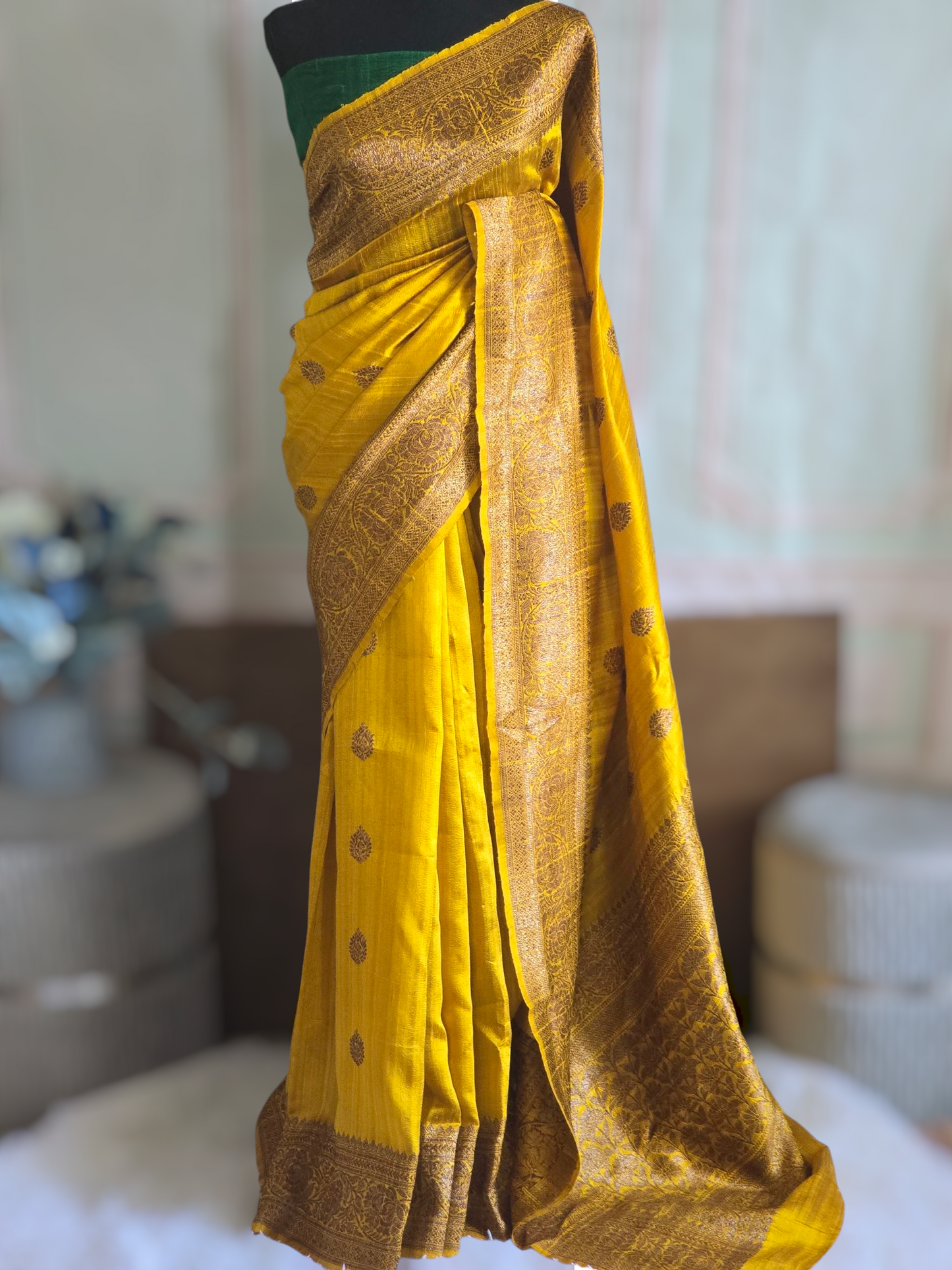 Mango yellow pure banarasi raw silk saree with green contrast blouse