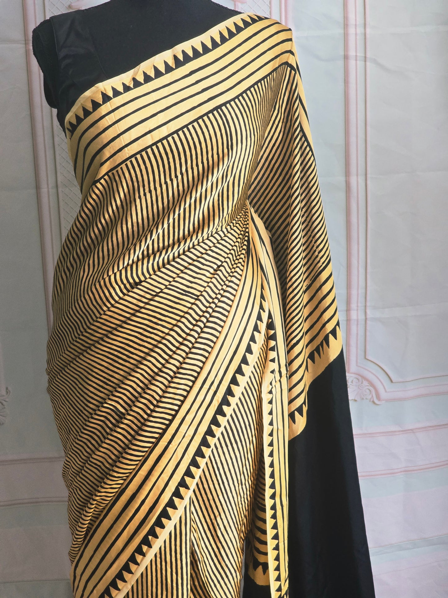 Modal silk saree with black stripes- stitched blouse